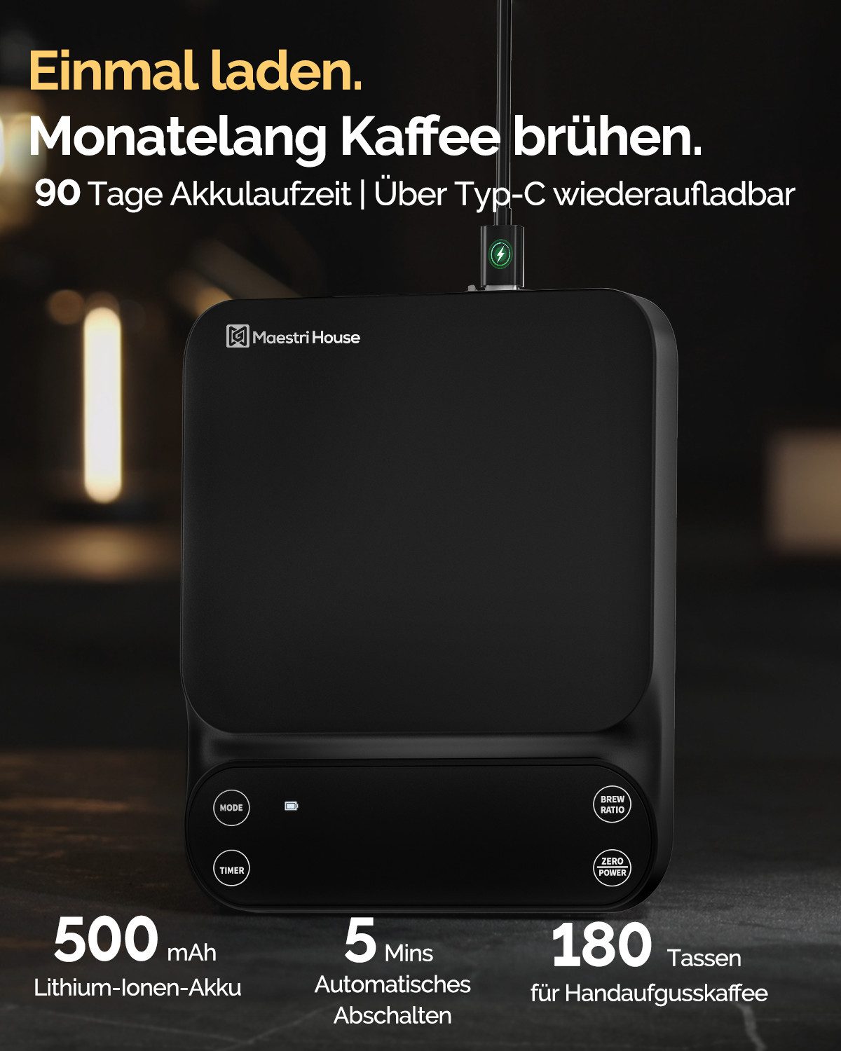 Maestri House Küchenwaage K125 Pour-Over-Kaffeewaage mit Timer, 0,1 g / 3 kg, (1-tlg., für V60, Chemex, French Press und Espresso), Flow Rate, Brühverhältnis 1: – Bild 4 von 5