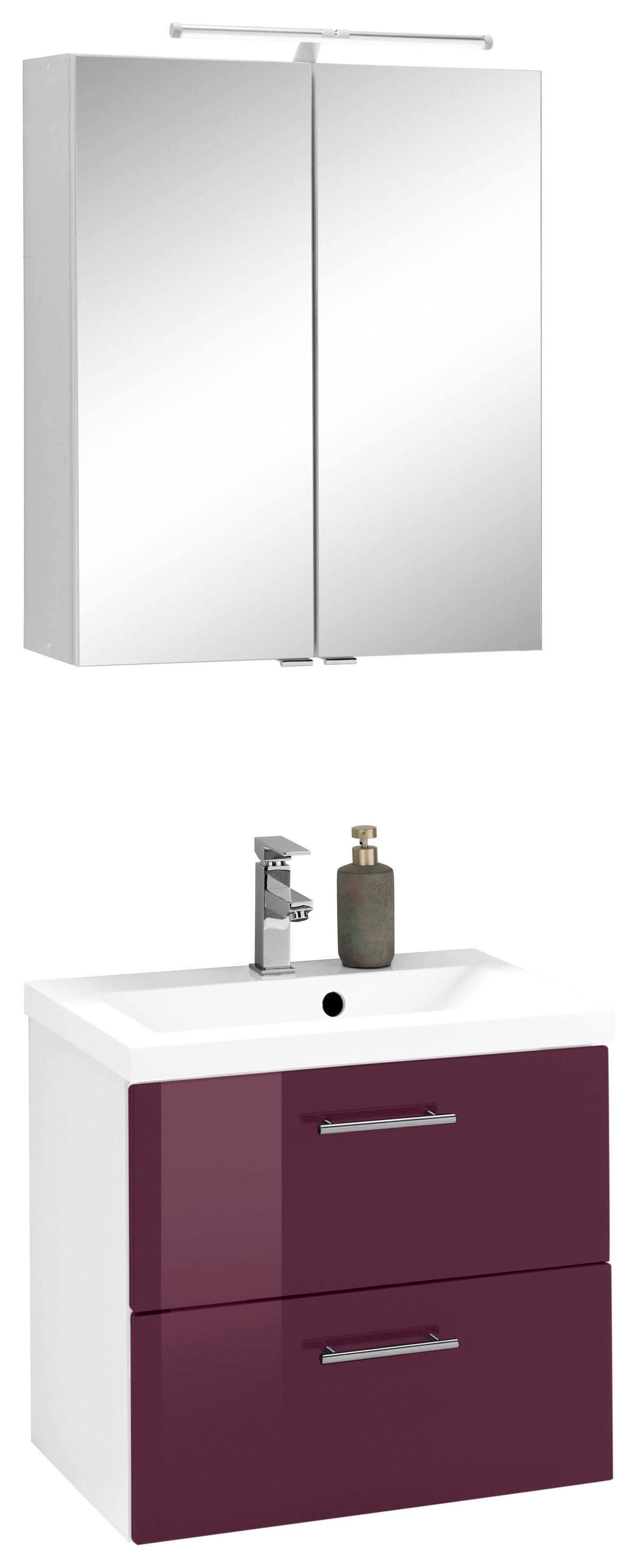 HELD MÖBEL Badmöbel-Set Venedig, (2-St), Spiegelschrank und Waschplatz aubergine/weiß | Badmöbel-Sets