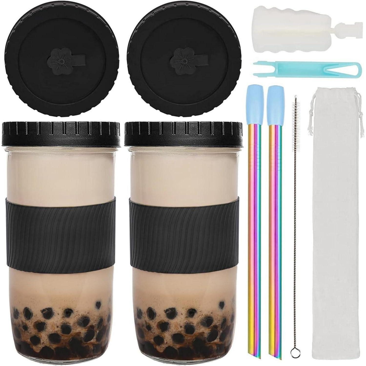 LuxusKollektion Tumbler-Glas Bubble Tea Becher 730ml 2er Auslaufsicher Deckel Strohhalm Schwarz