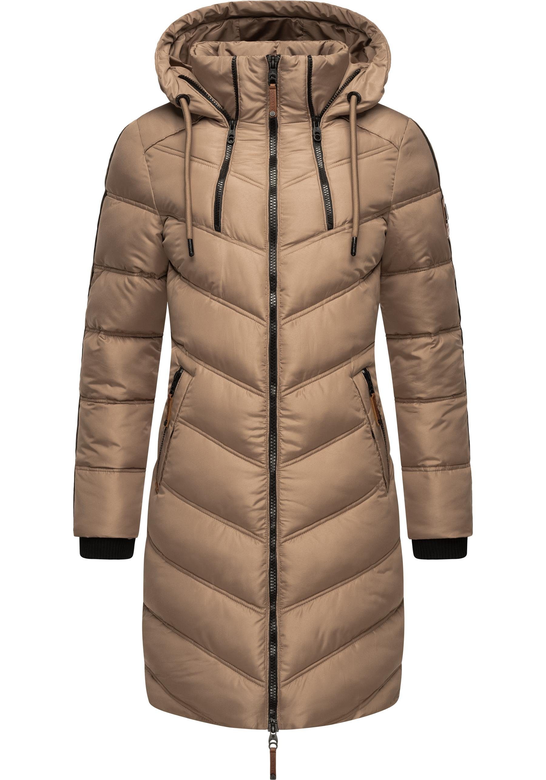 Marikoo Wintermantel Armasa modischer Damen Winter Steppmantel mit Kapuze taupe