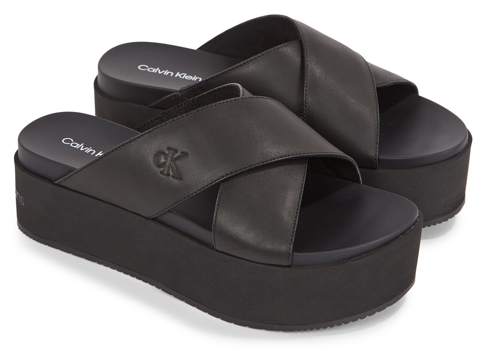 Calvin Klein Jeans FLATFORM CROSS MG UC Pantolette, Plateau, Sommerschuh, Schlappen mit Kreuzbandage