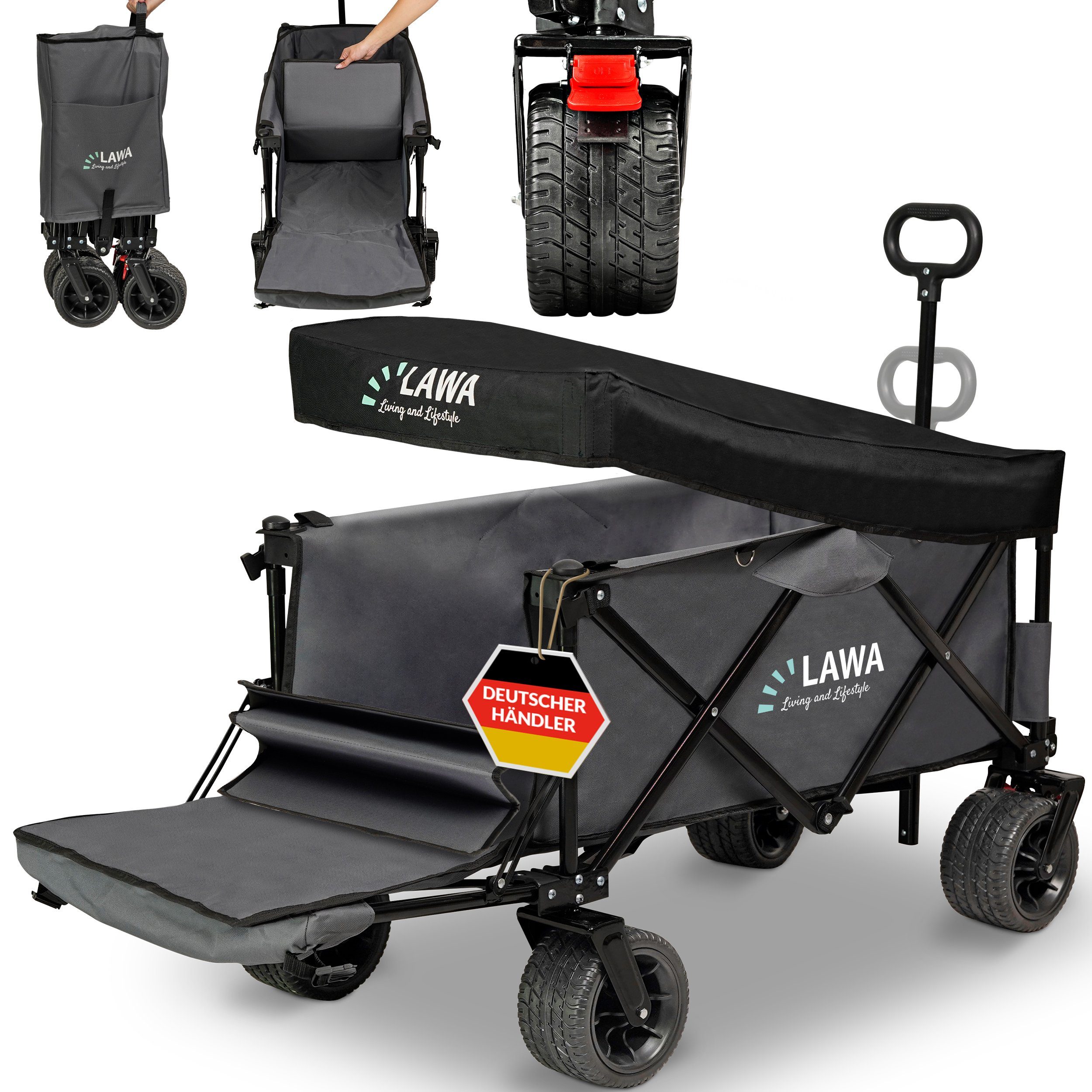 LAWA Living and Lifestyle Bollerwagen faltbar Dach klappbarer Handwagen Transportwagen 100kg Einkaufswagen (nur 12,4kg leicht), mit Bremse, Trolley mit Heckklappe, sehr kleines Packmaß, Grau