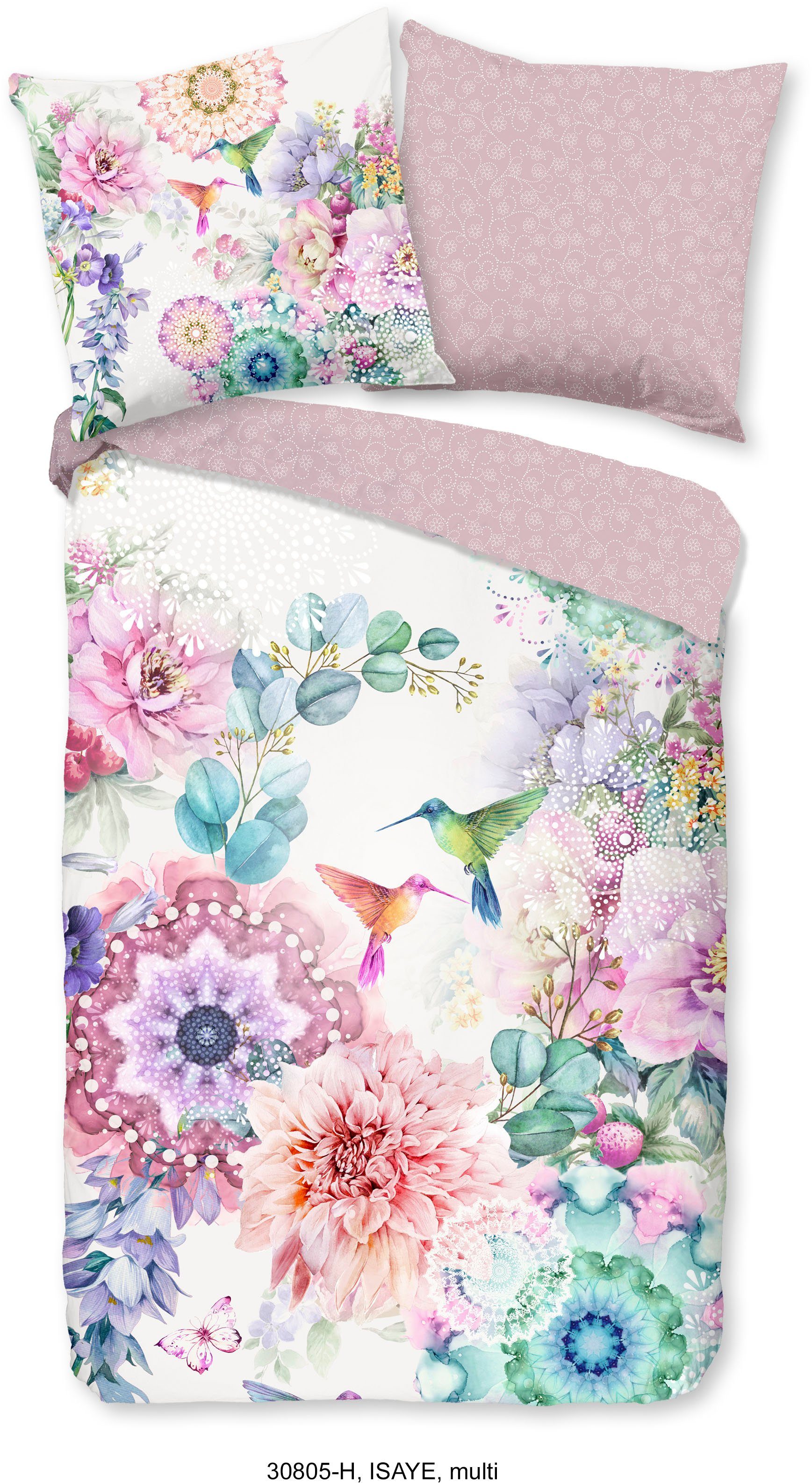 hip Wendebettwäsche Isaye, Satin, 2 teilig, Mako-Satin, 135x200, Reißverschluss, Wendeoptik, Mandala, Blumen, Lila