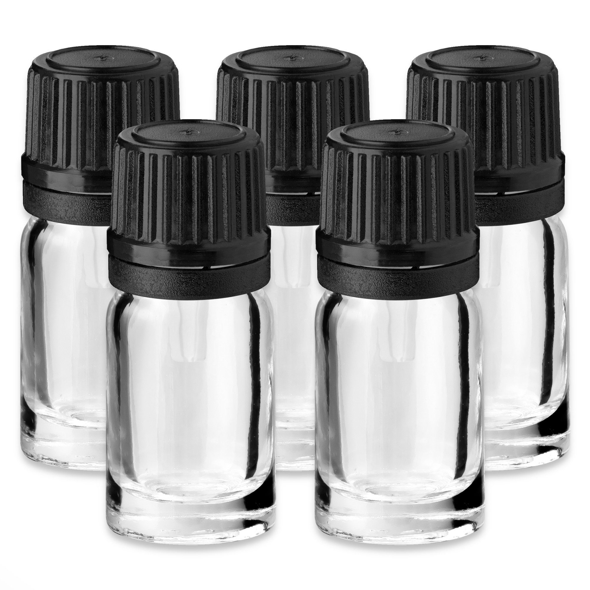 CK Verpackung GmbH Tropfer 5x Klare Glasflasche 5 ml mit schwarzem Tropfeinsatz Probefläschchen