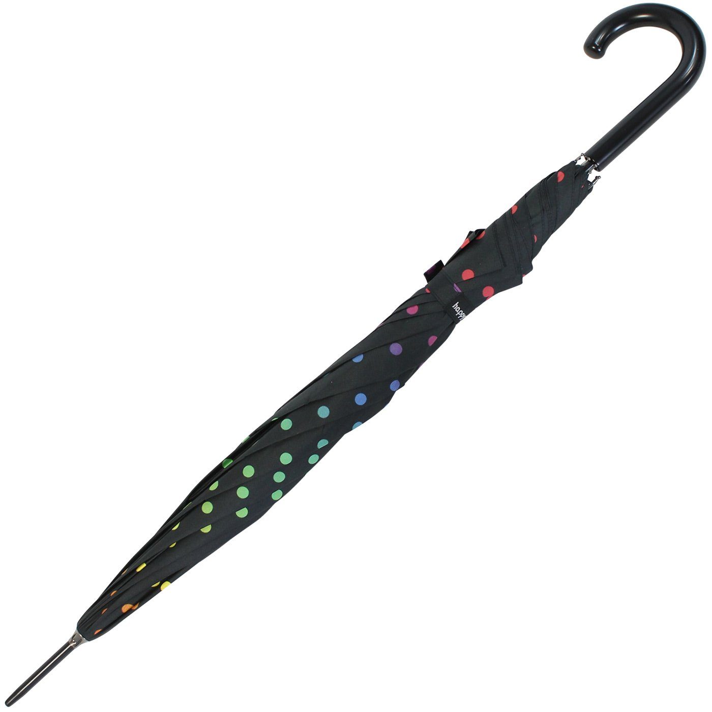 HAPPY RAIN Stockregenschirm großer Regenschirm mit Auf-Automatik für Damen, mit Regenbogen-farbenen Punkten auf Schwarz