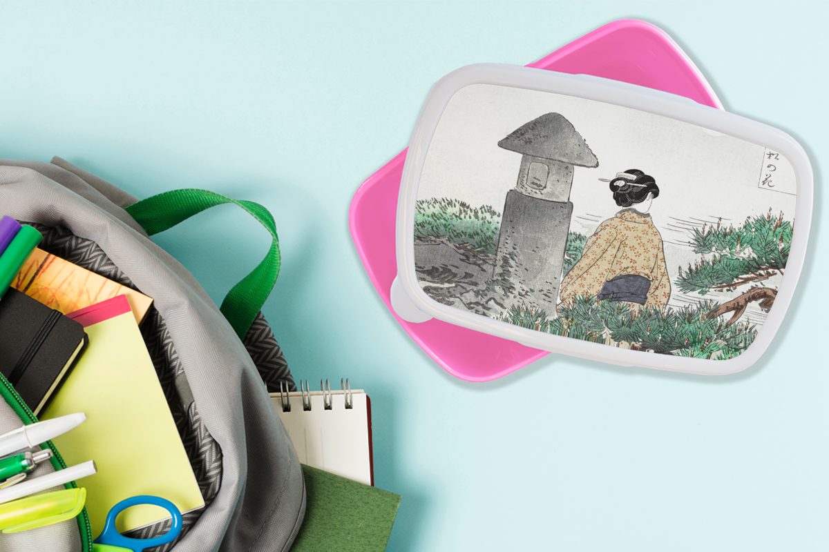 MuchoWow Lunchbox Frau Erwachsene, - Kunststoff Kimono, - Brotdose Brotbox Natur für Kinder, Snackbox, rosa Kunststoff, Japan (2-tlg), - Mädchen