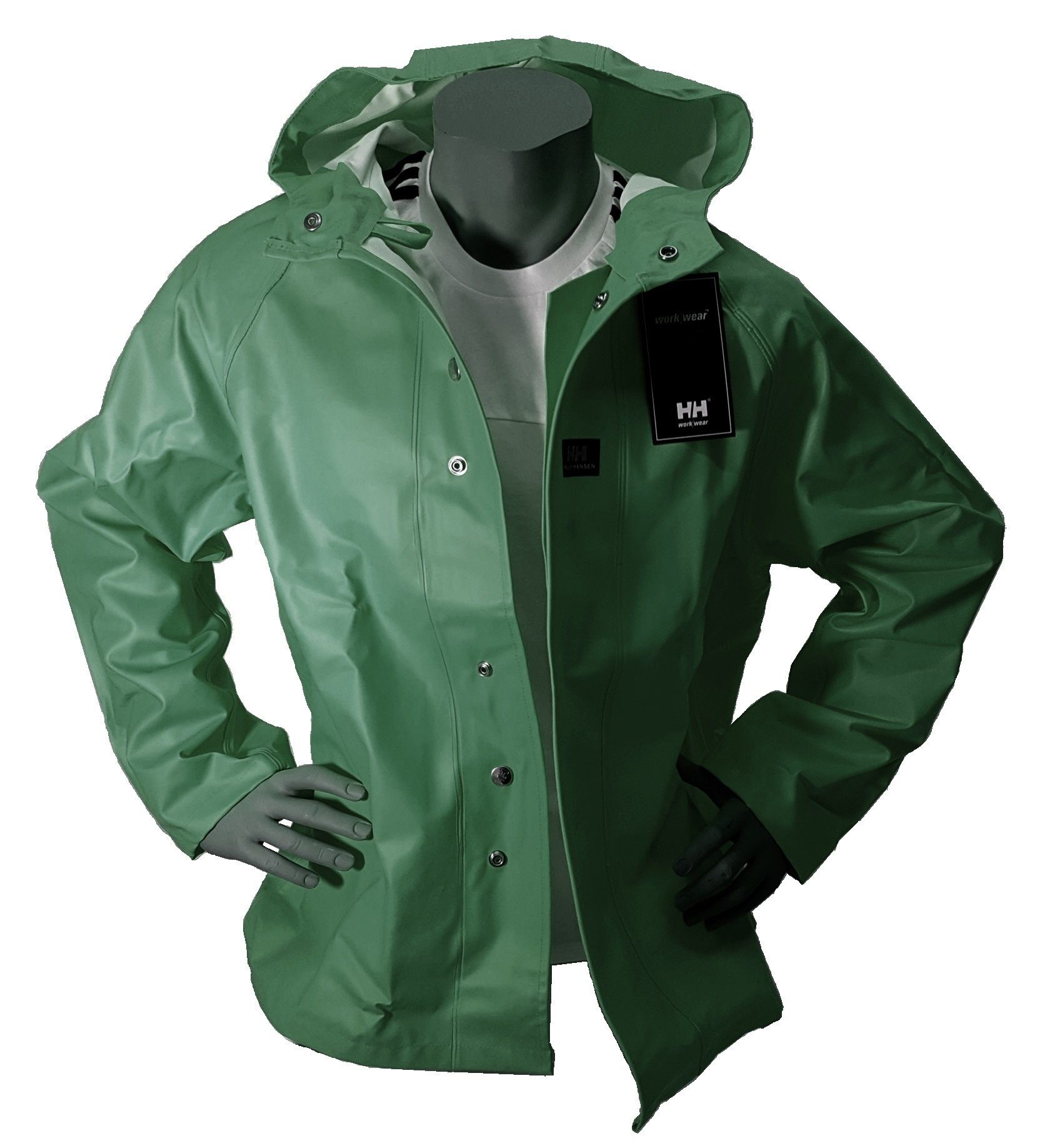 Helly Hansen workwear Regenjacke HIGHLINER Kältebeständig wasserdicht Öl- Fischerei und Kapuze, Chemikalienbeständig, grün JACKET mit Wasserdicht, 70300 Regenjacke