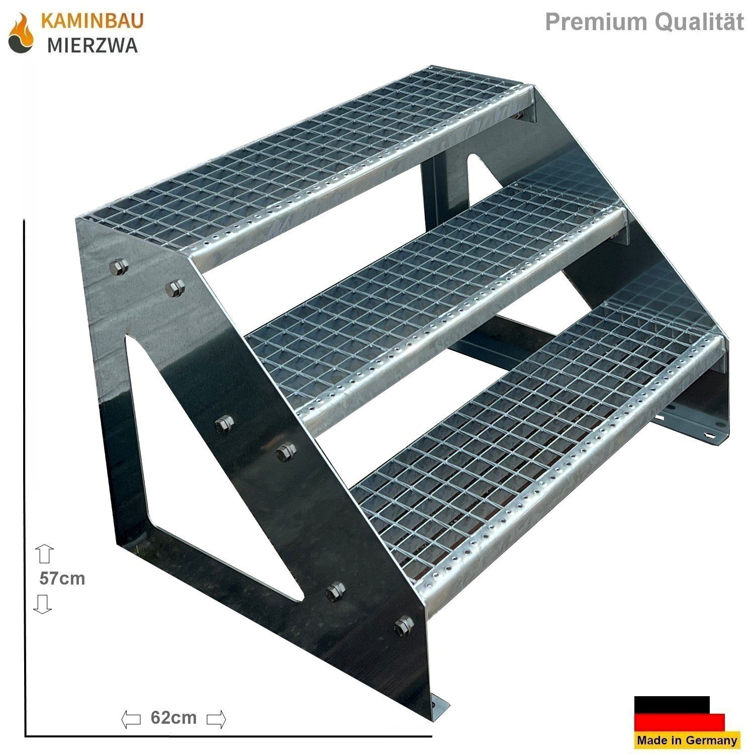 Kaminbau Mierzwa Außentreppe Premium Treppe Verzinkt mit oder ohne Geländer, für Geschosshöhen bis 57.00 cm, Stufen Gitterroststufen nach DIN 24531, (Höhe 57 cm, Stufenbreite und Geländerart wählbar), Gartentreppe Stahltreppe Wetterfest Rostfrei Feuer-Verzinkt Rutschfest