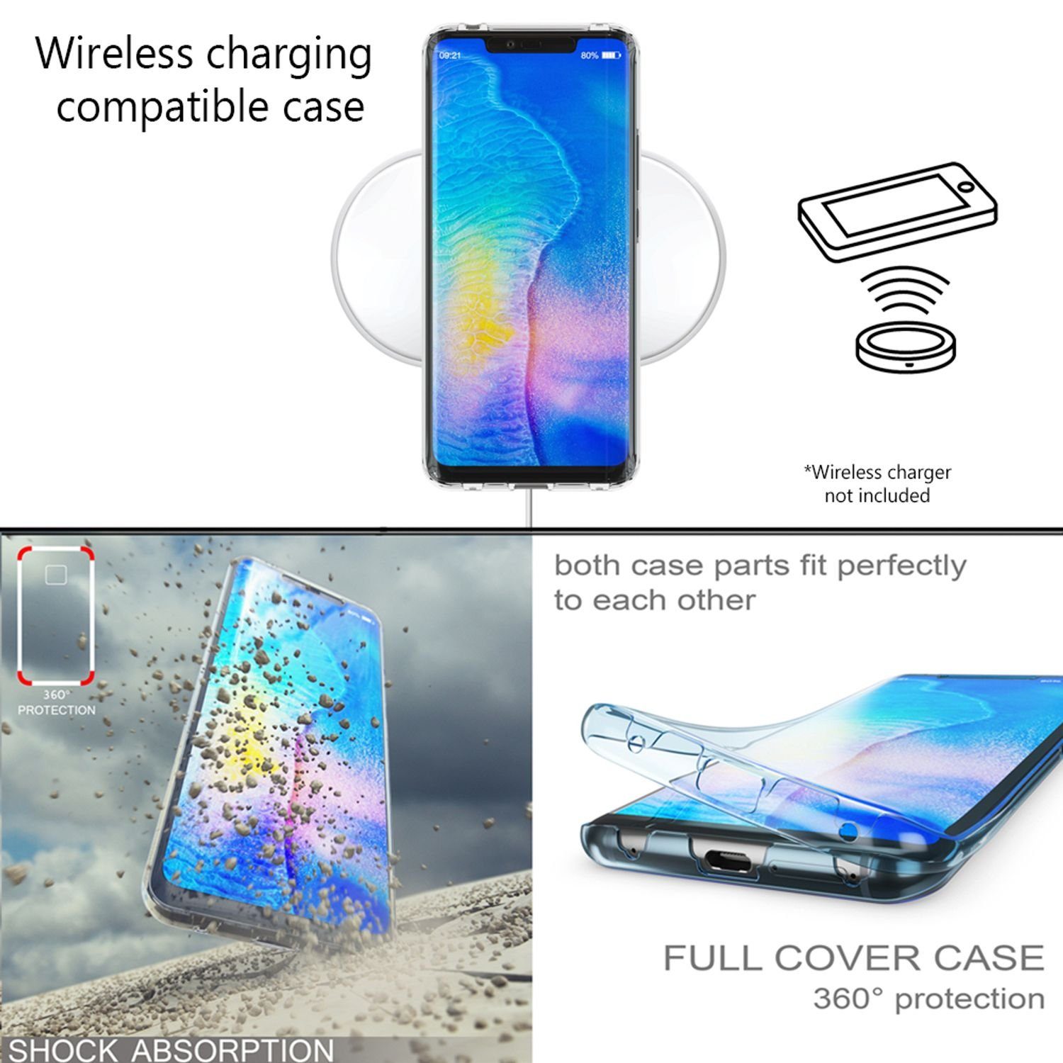 Nalia Smartphone-Hülle Huawei Mate 20 Pro 16,3 cm (6,4 Zoll), Transparente 360 Grad Silikon Hülle / Rundumschutz / Full Cover Etui
