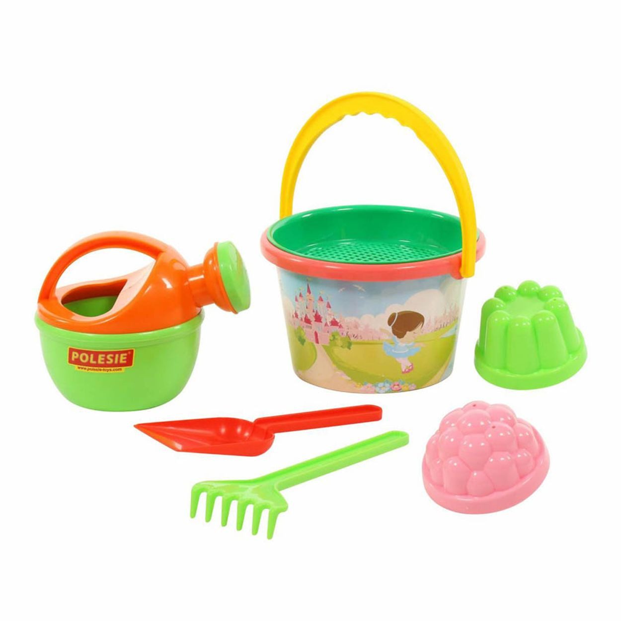 Polesie Sandform-Set 658, 6-teilig, Eimer, Schaufel, Gießkanne, Förmchen, Rechen, Kunststoff