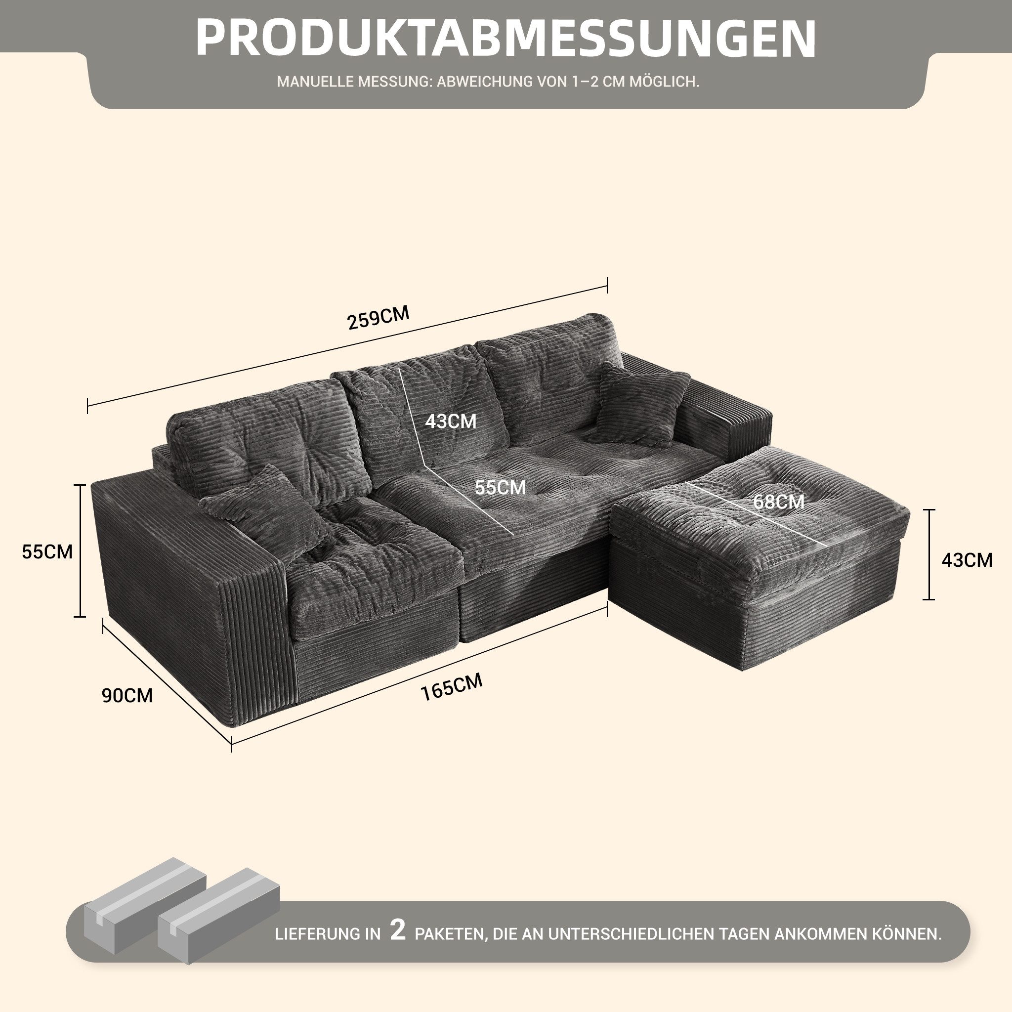 LITBIRD Ecksofa 3-Sitzer Sofa mit Marshmallow-Softpolster & Modulares Recamiere Sofa, 1 Teile, Cordstoff Schlafsofa & Relaxsofa, Wohnzimmer Sofa
