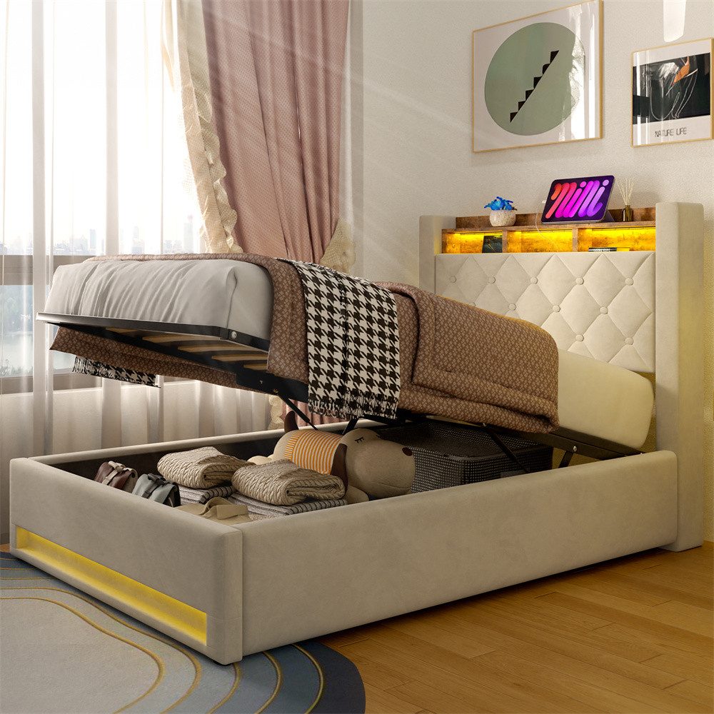 REDOM Polsterbett mit Premium-Samt – Stabil, Komfortabel, Zeitlos (Robuster Holz-Eisen-Rahmen • Atmungsaktiver Schaum • Inklusive Lattenrost, 1-tlg., 90*200), Mit LED-Lichtleiste und USB-Aufladung