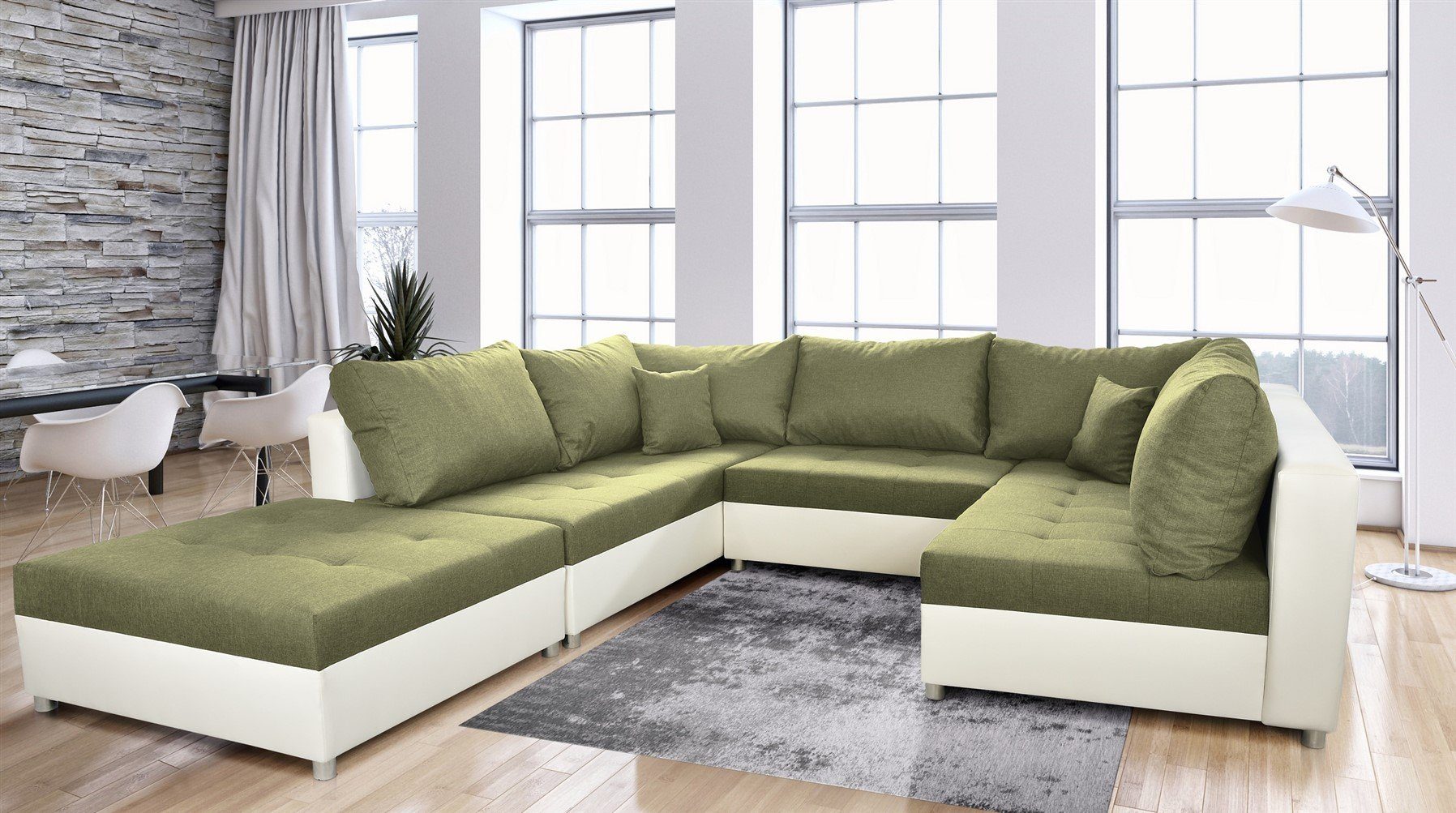 Rückenkissen und 2 Bettkasten Sofa Wohnlandschaft Hocker, Wohnlandschaft Weiß-Lindengrün und ANDRO, Inkl. Möbel Fun U-Form Schlaffunktion, Zierkissen 7 Inkl.