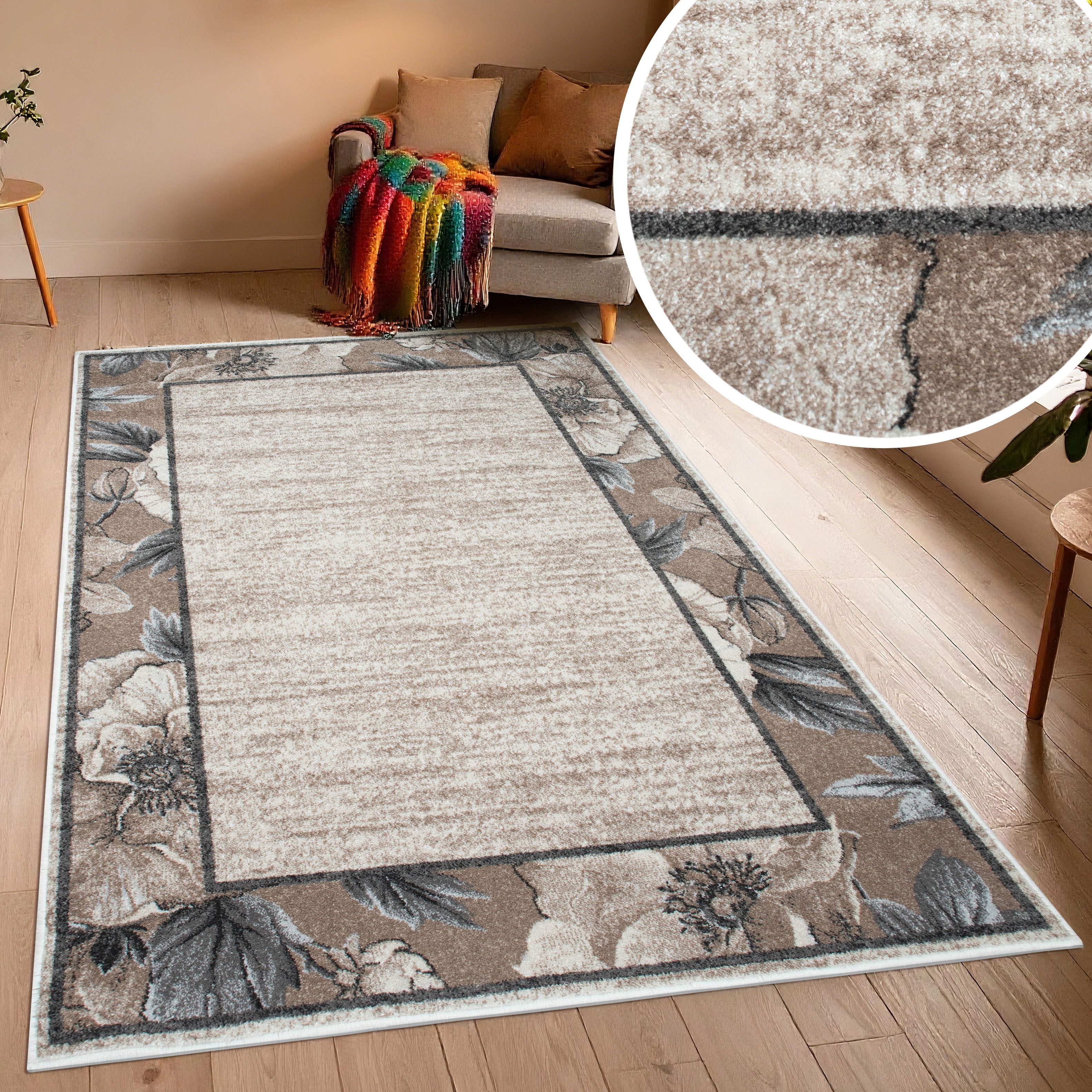 OTTO home Teppich Florent mit Rahmen, Blumen Design, rechteckig, Höhe: 9 mm, Floral, detailreiche Blüten, meliert, elegant, Wohnzimmer