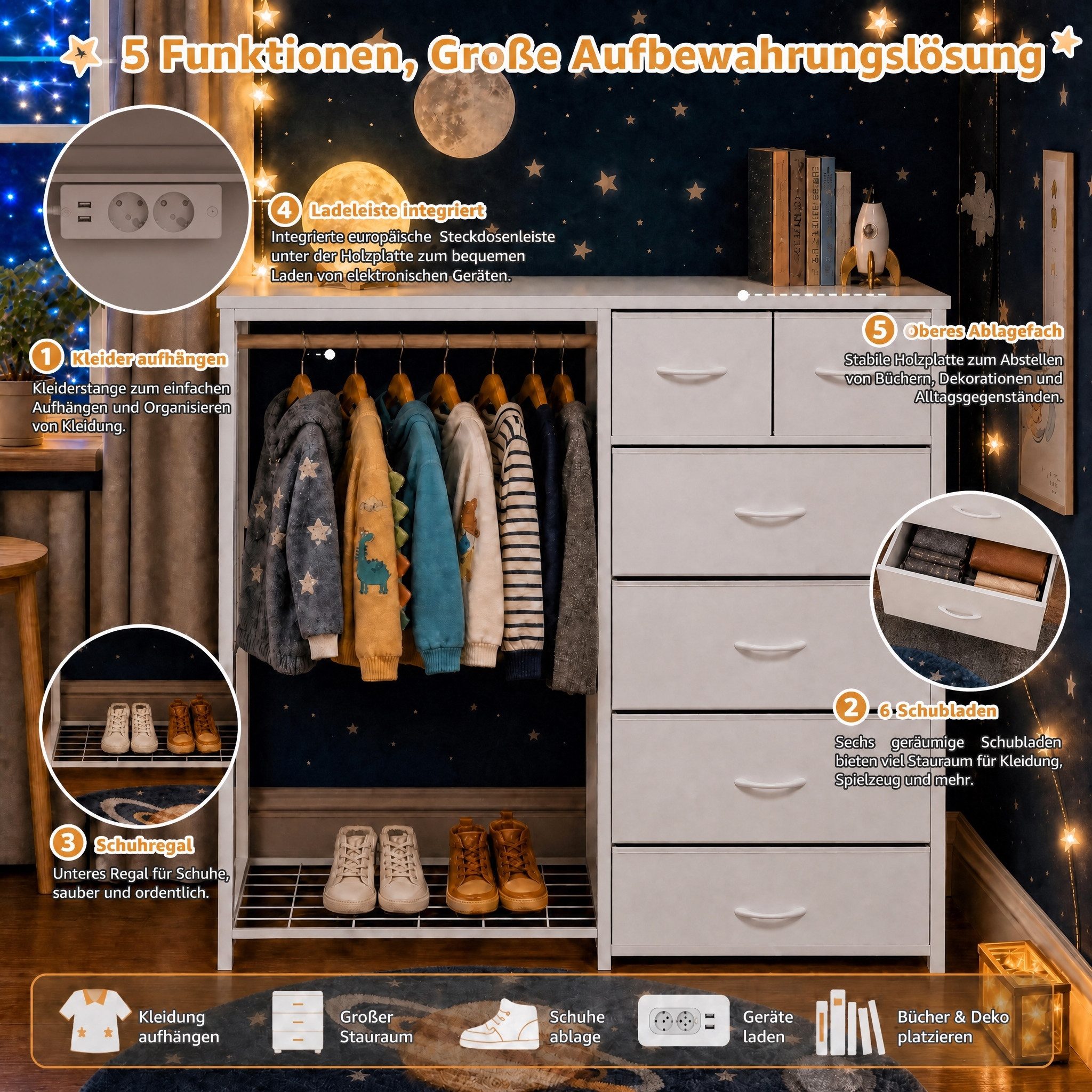 BlingBin Kinderkleiderschrank Multifunktionaler Garderobenständer für Kinder mit Kleiderstange (1er Set, 1-St., 125 × 40 × 120 cm) 6 Schubladen und integrierter Steckdose