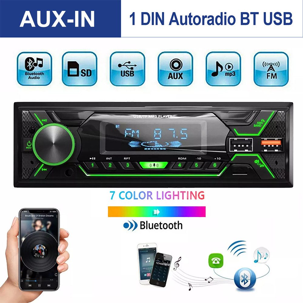 ESSGOO Autoradio mit Bluetooth BT Freisprech 7 Farben 1 DIN MP3 Player USB FM Autoradio (FM MP3)