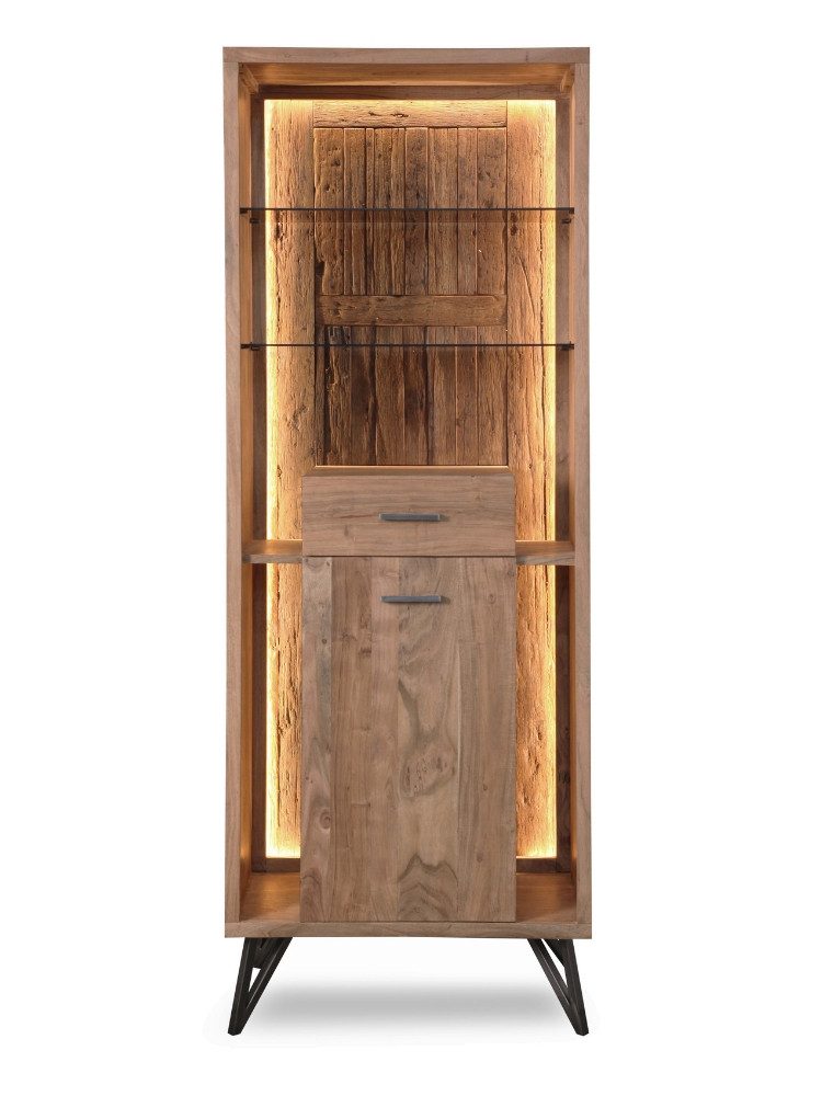 WOLF MÖBEL Highboard (72x40x195 LxBxH (cm), HUDSON Vitrine 1 Tür / 1 Schublade / 2 Glasböden / Licht