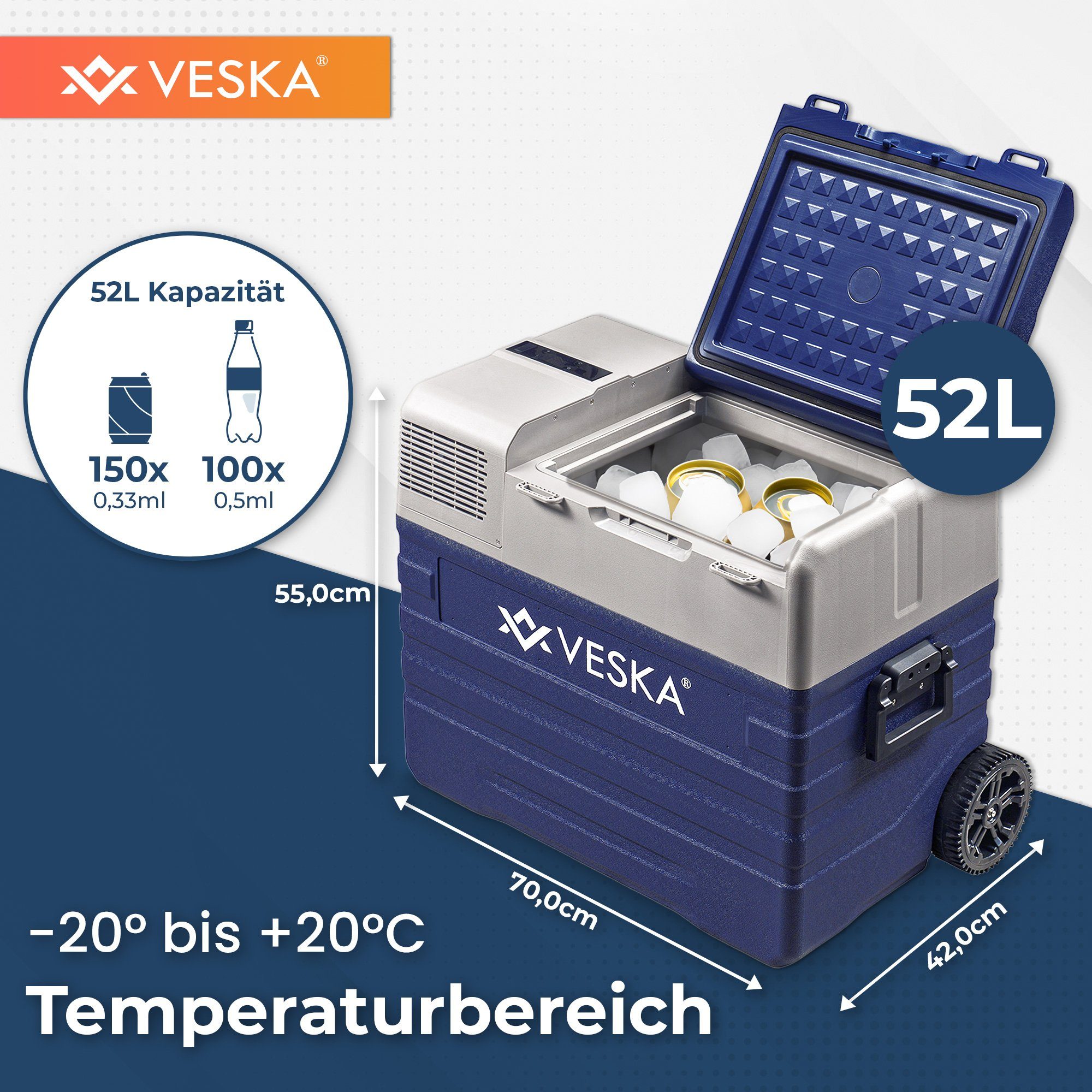 VESKA Elektrische Kühlbox Kompressor Gefriertruhe mobiler Kühlschrank, Kühltruhe, Gefrierbox, 12V/24V, 230V, für Auto, Lkw, Boot, Wohnwagen, Camping – Bild 4 von 5