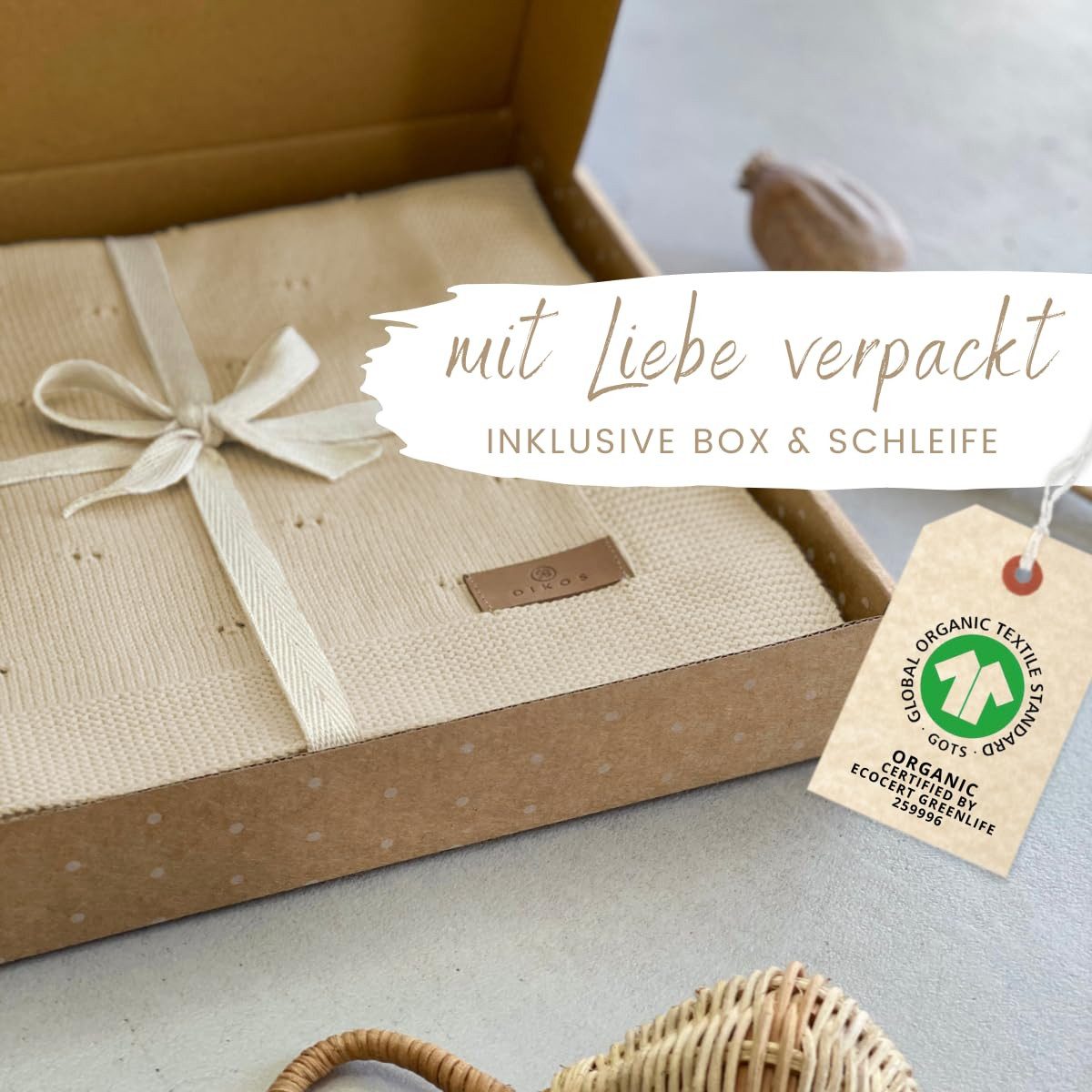 Babydecke DIKOS® Babydecke aus *100%* Bio Baumwolle, Strickdecke, Geschenk, DIKOS, PREMIUM Qualität, 75x100 cm, atmungsaktiv, nachhaltig, kuschelweich