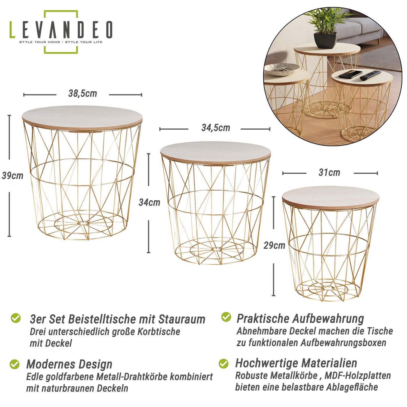 Levandeo® Couchtisch, Metalltisch 3er Set Beistelltisch 3tlg Metall Gold Natur Aufbewahrung