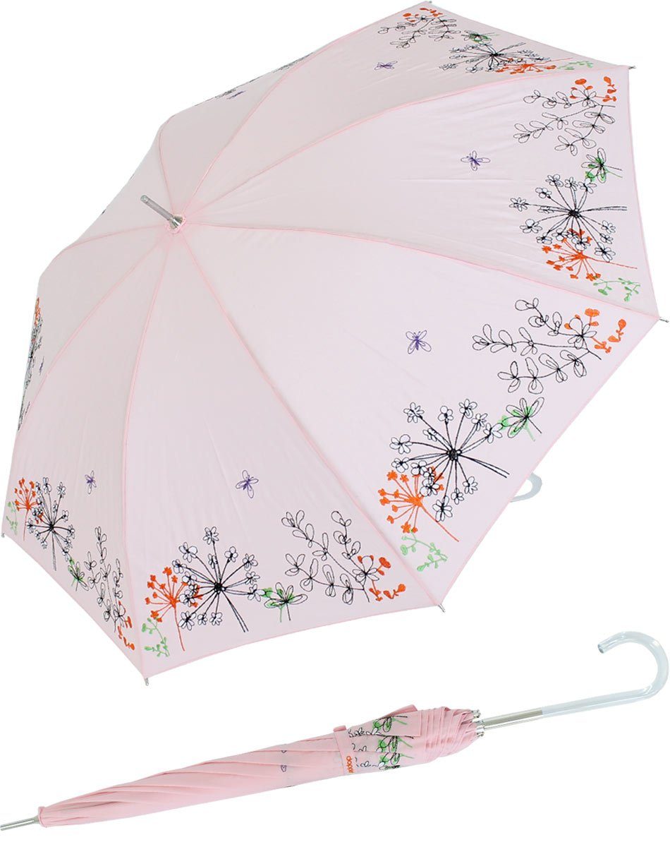 doppler® Langregenschirm Kunststoff rosa Lady Regenschirm Griff - aus besteht bestickt, Wiesenblumen der und mit ist Schutz der Rand wunderschön Butterfly, Sonnen transparentem UV