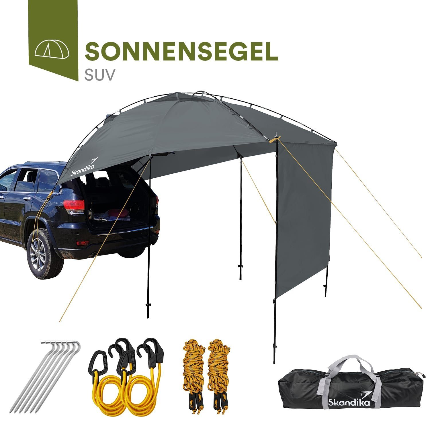 Skandika Sonnensegel SUV, Vorzelt für Auto, Heckklappe, freistehend auch ohne Auto, wasserdicht, Aufstellstangen, mit Seitenwand, 3000mm Wassersäule, Tarp