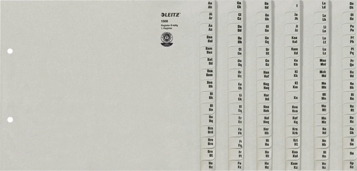LEITZ Aktenordner Registerserie A4 1/2 Höhe Tauenpapier A-Z 8 Abläufe grau