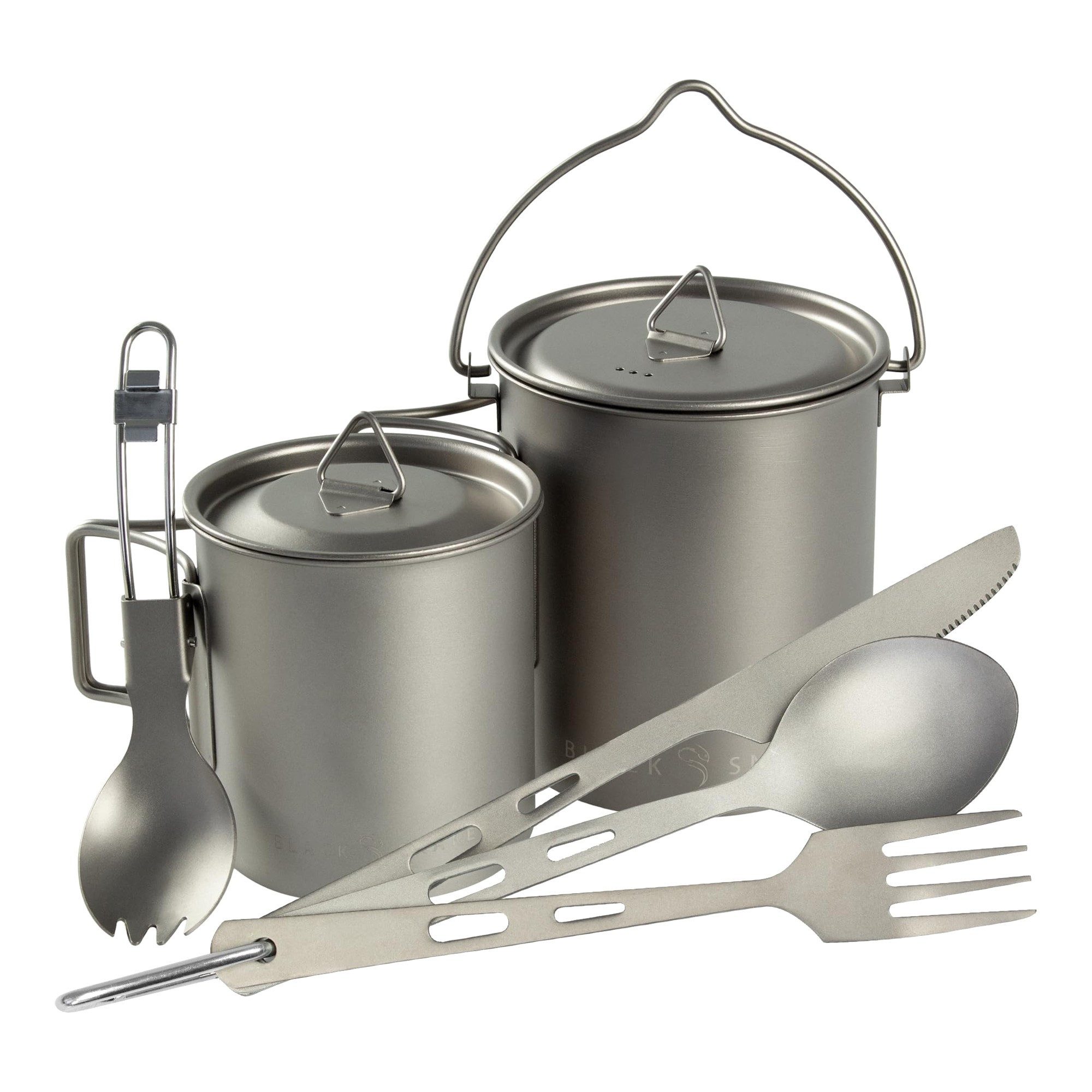 Black Snake Geschirr-Set Camping Kochset mit zwei Töpfen Göffel und Besteck am Karabiner (6-tlg), Titan, Ultraleichtes Kochgeschirr mit 750 ml und 420 ml samt Transportbeutel