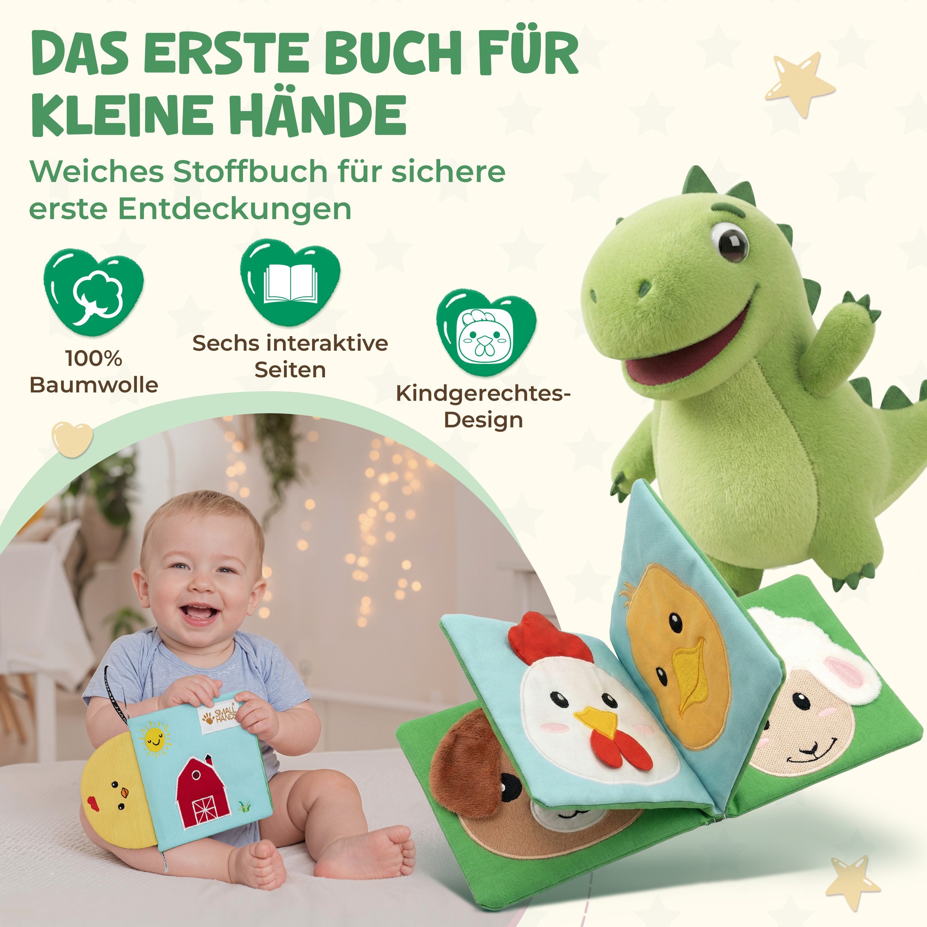 My First Book Stoffbuch Small Hands, Baby Fühlbuch, 0-12 Monate, Baby Spielzeug, Fühlbuch Stoffbuch waschbar, Montessori ab 0 Monate