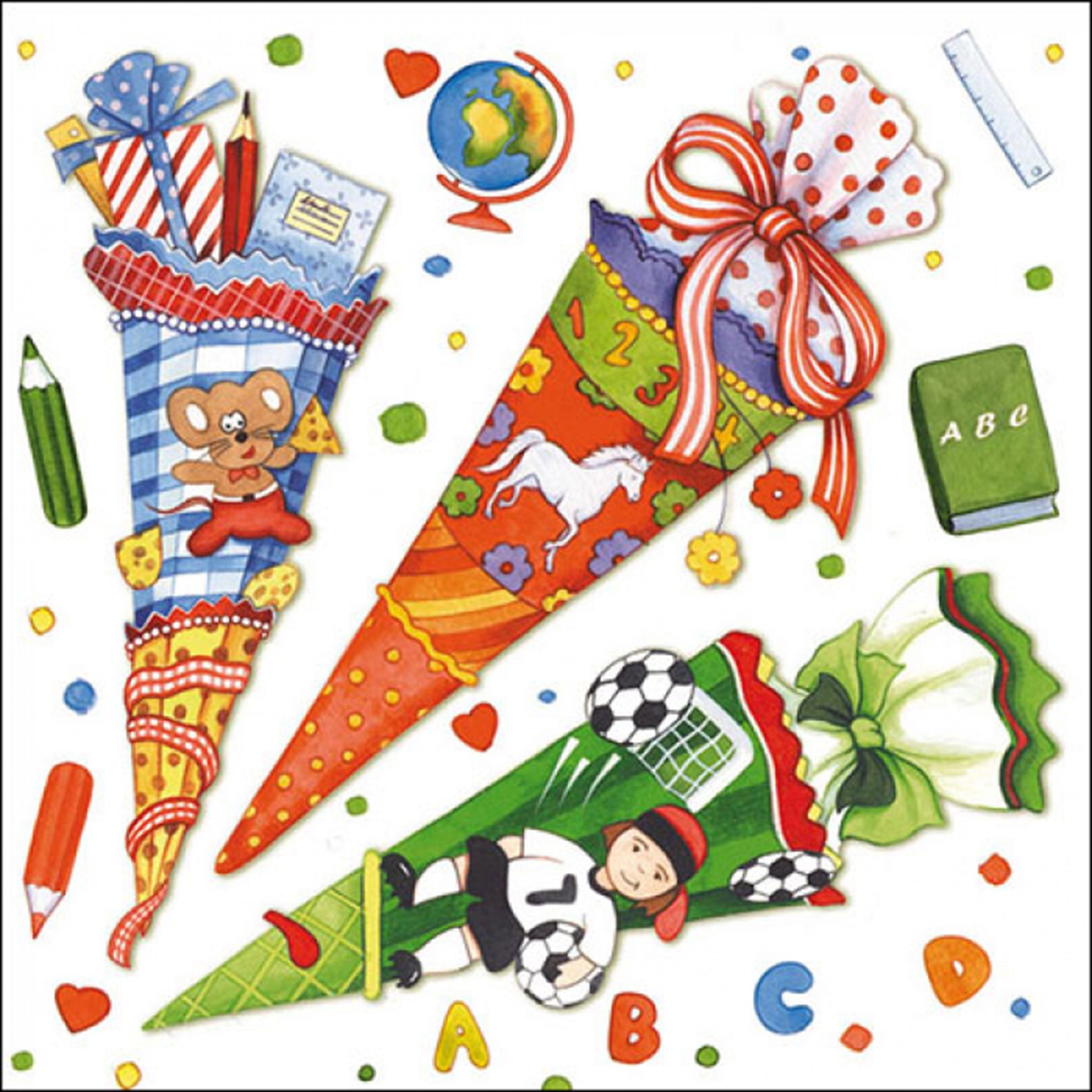 Ambiente Luxury Paper Products Papierserviette, Servietten Papier 33x33cm 3-lagig mit buntem Schultüten Motiv 20 Stk.