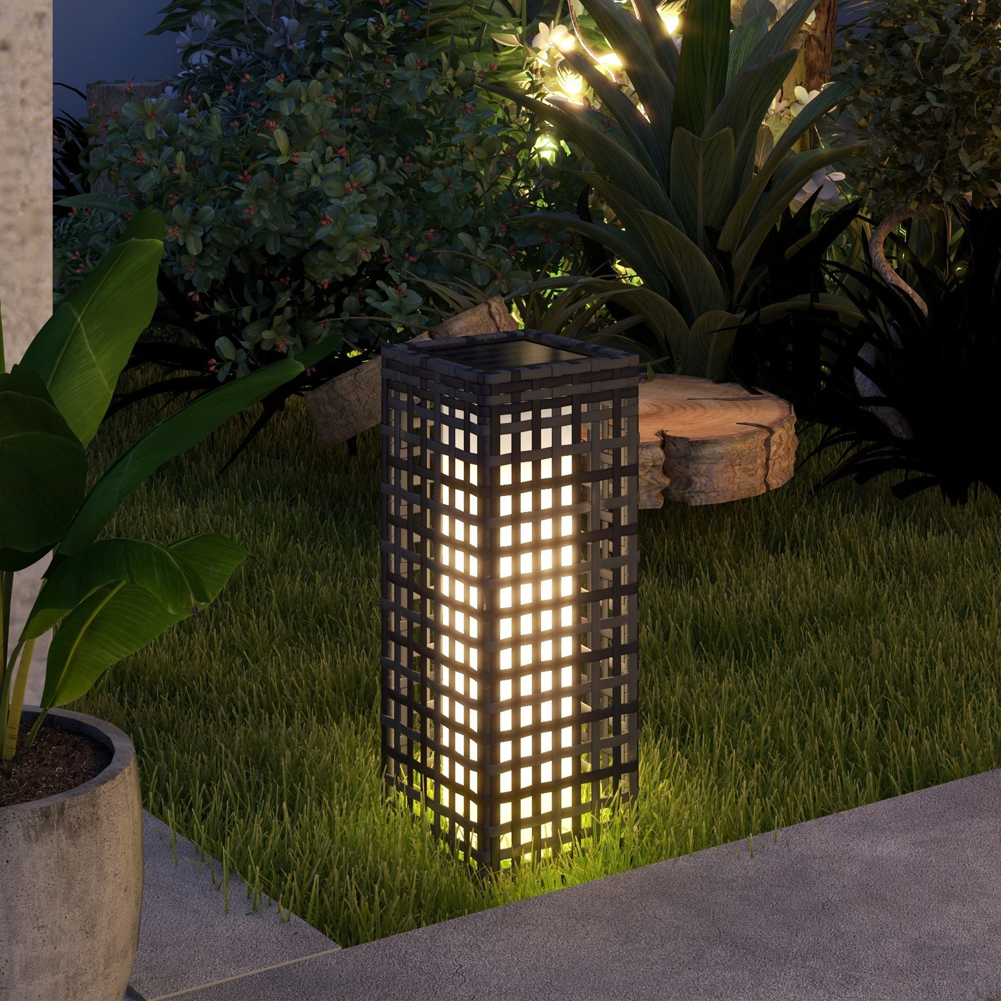 Outsunny LED Solarleuchte Solarlampen Rattan mit Lichtsensor, Aufladbar Outdoor Lampe, Solarbetrieben, Lichtsensor, Wasserdicht, LED, Weiß, Stahl, Grau, 15,5 x 15,5 x 46 cm
