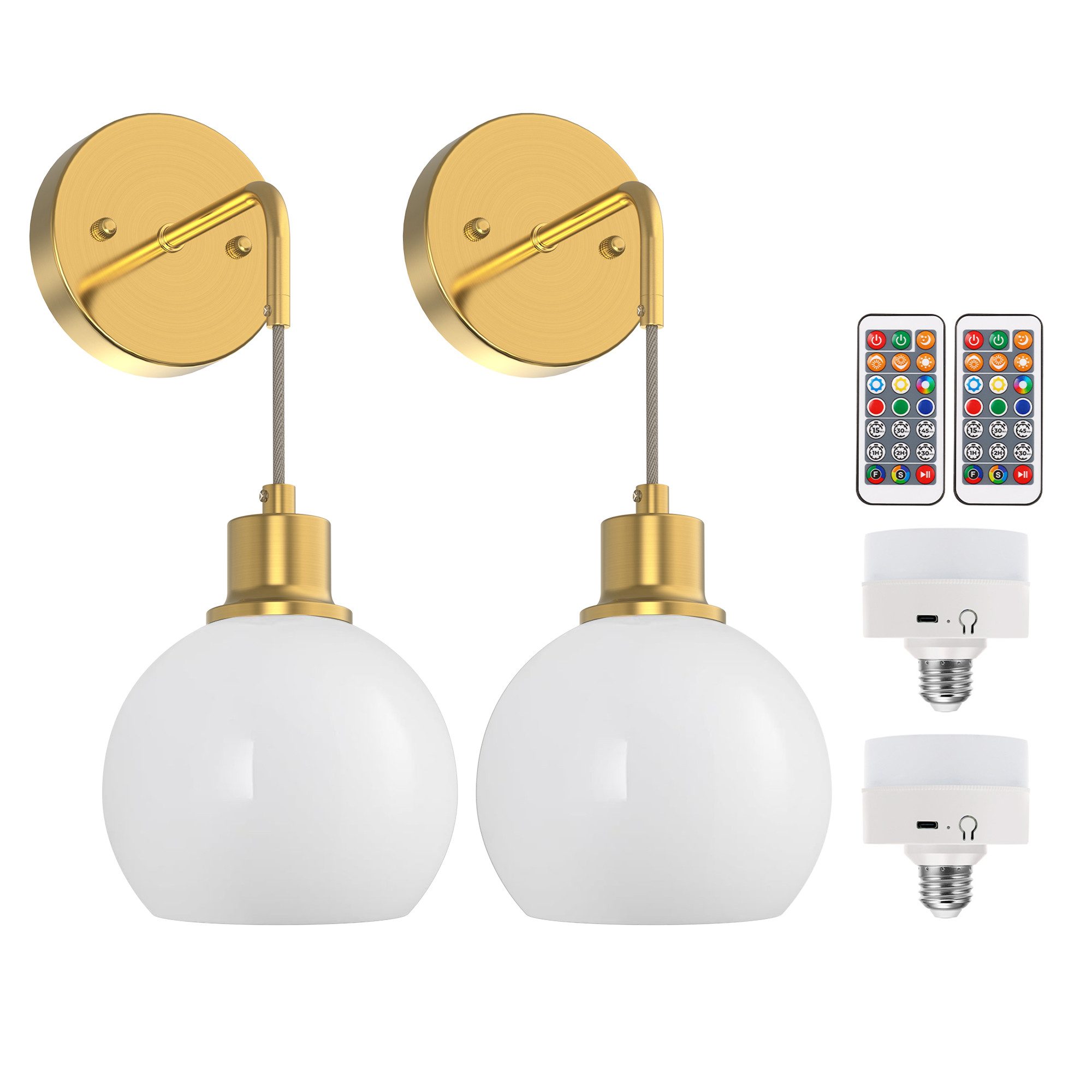 LOHAS-LED Wandleuchte 2er-Set kabellose Glas-Wandlampen mit RGBCW LED, RGBCW, Gold-Weiß, 37,5 cm Höhe, akkubetrieben E26