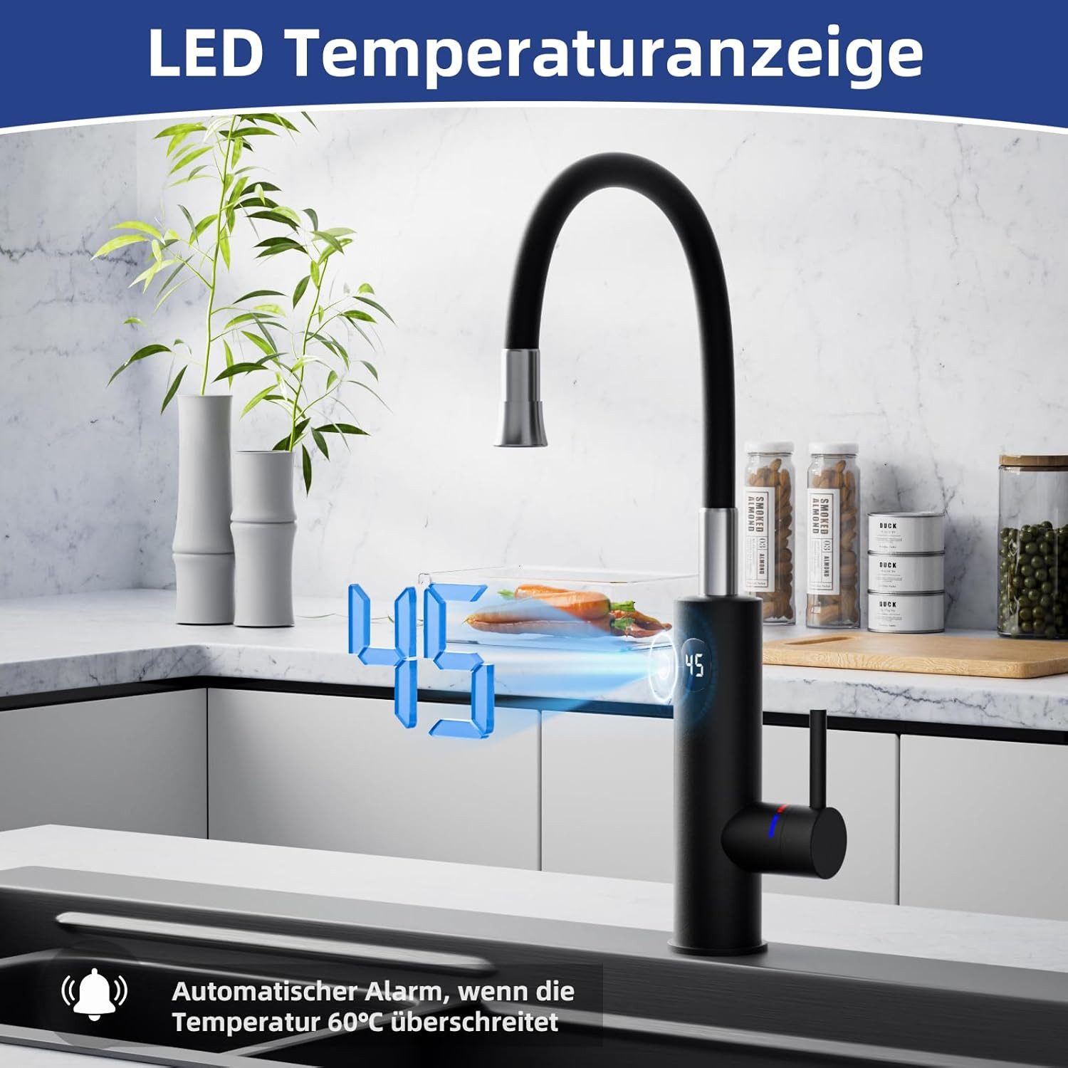 Oihpaw Durchlauferhitzer Elektrische Durchlauferhitzer, 360° Schwenkbar Armatur, 3000W, Kurzhebel, 1 St., Temperaturanzeige elektrischer Wasserhahn Küchenarmatu – Bild 4 von 5