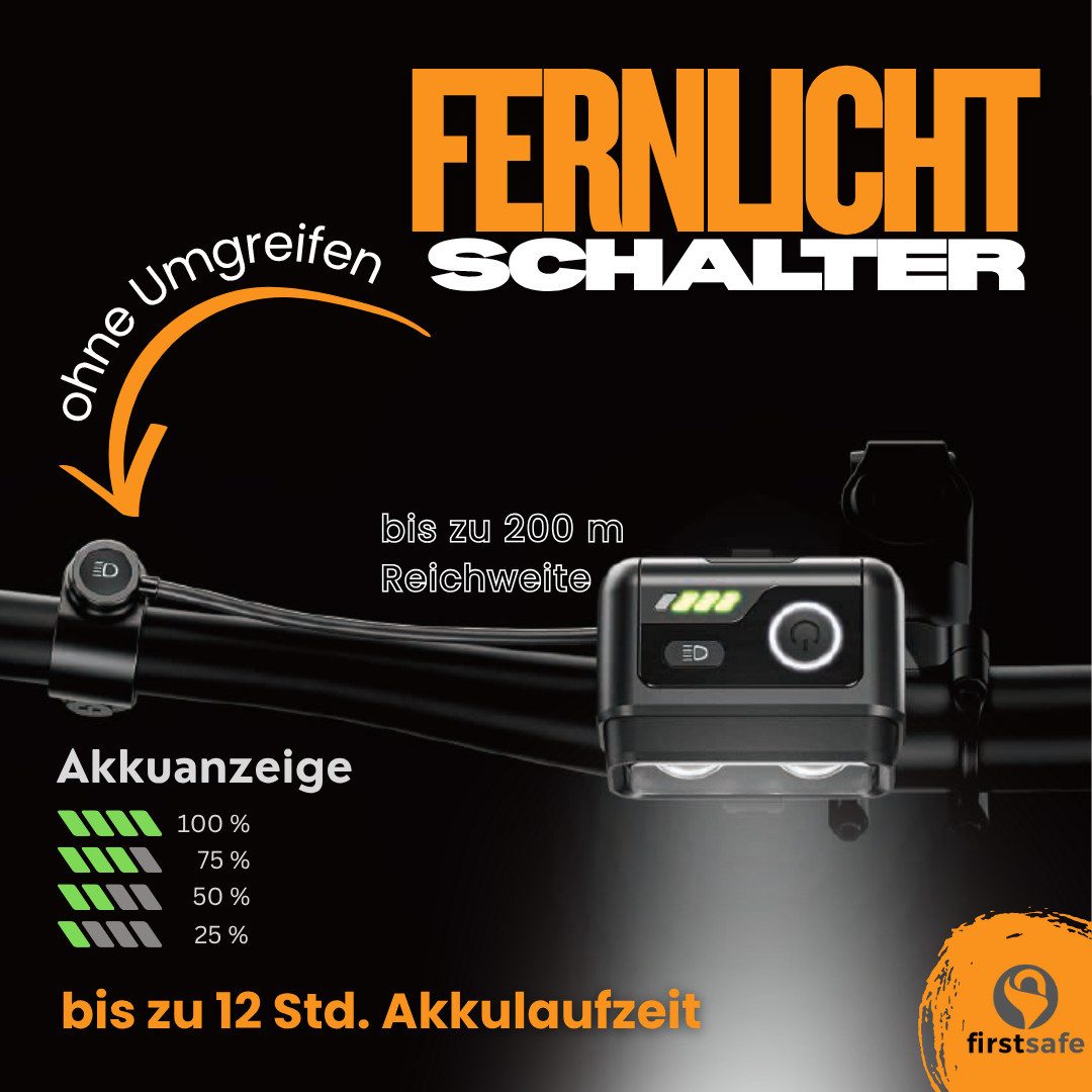 firstsafe Fahrradbeleuchtung Premium Fahrradlicht Set 100 LUX – Fernlicht & Bremslicht, Fernlichtfunktion, Bremslichtsensor, abnehmbar, wetterfest