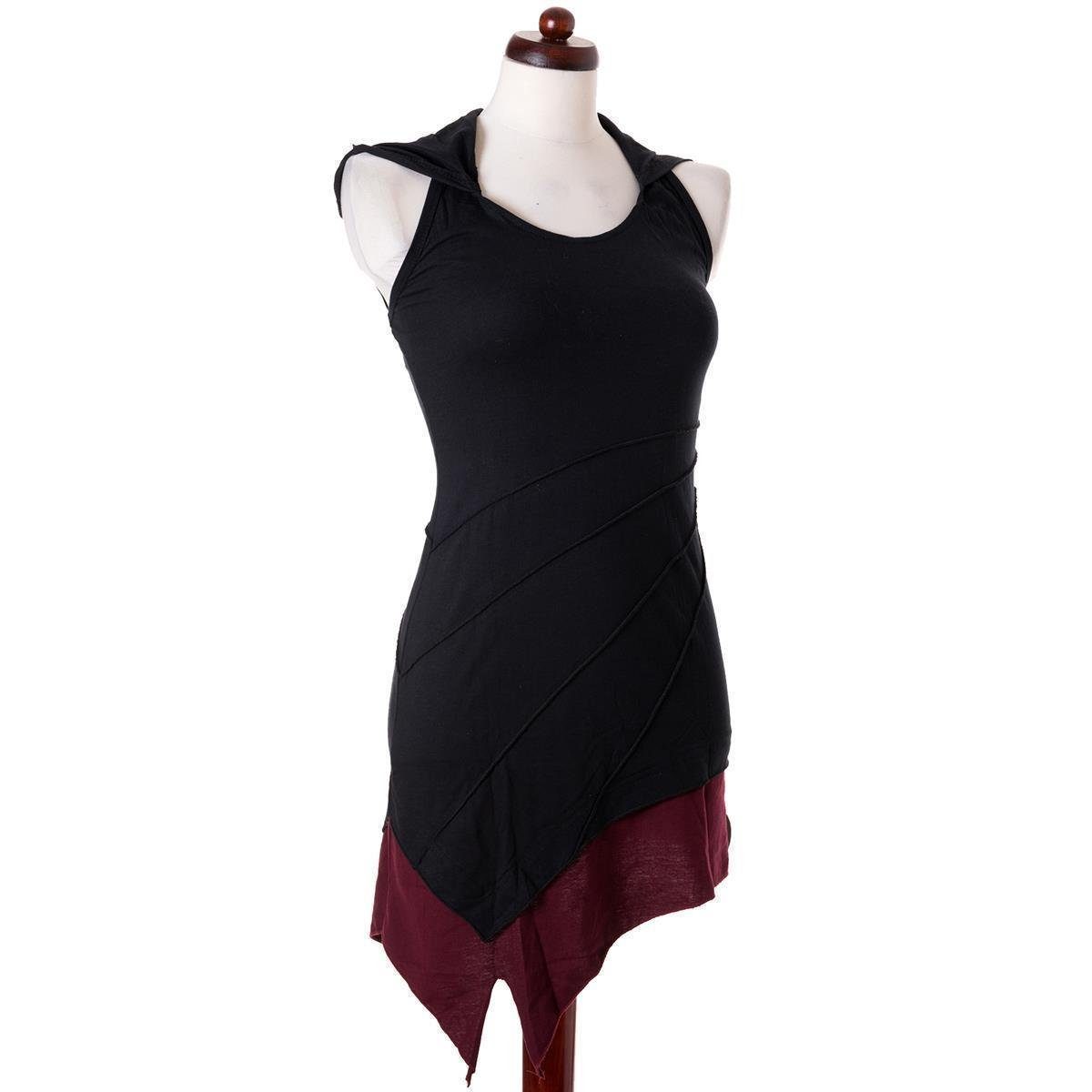 Boho Kleid Mini Neckholder zweifarbig Elfen Vishes Hippie, schwarz-rot Neckholderkleid Zipfelkleid Goa, Style