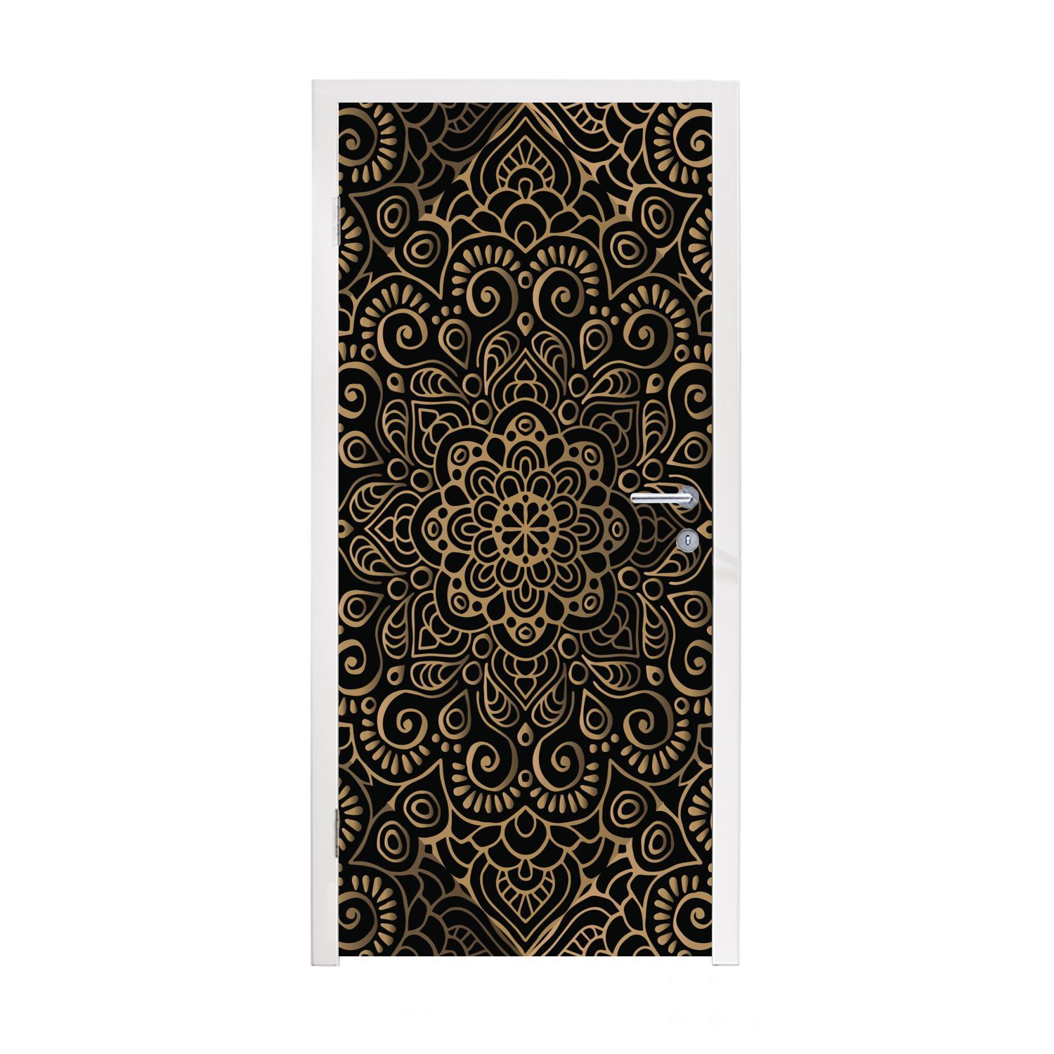 MuchoWow Türtapete Goldenes Muster auf schwarzem Hintergrund, Matt, bedruckt, (1 St), Fototapete für Tür, Türaufkleber, 75x205 cm
