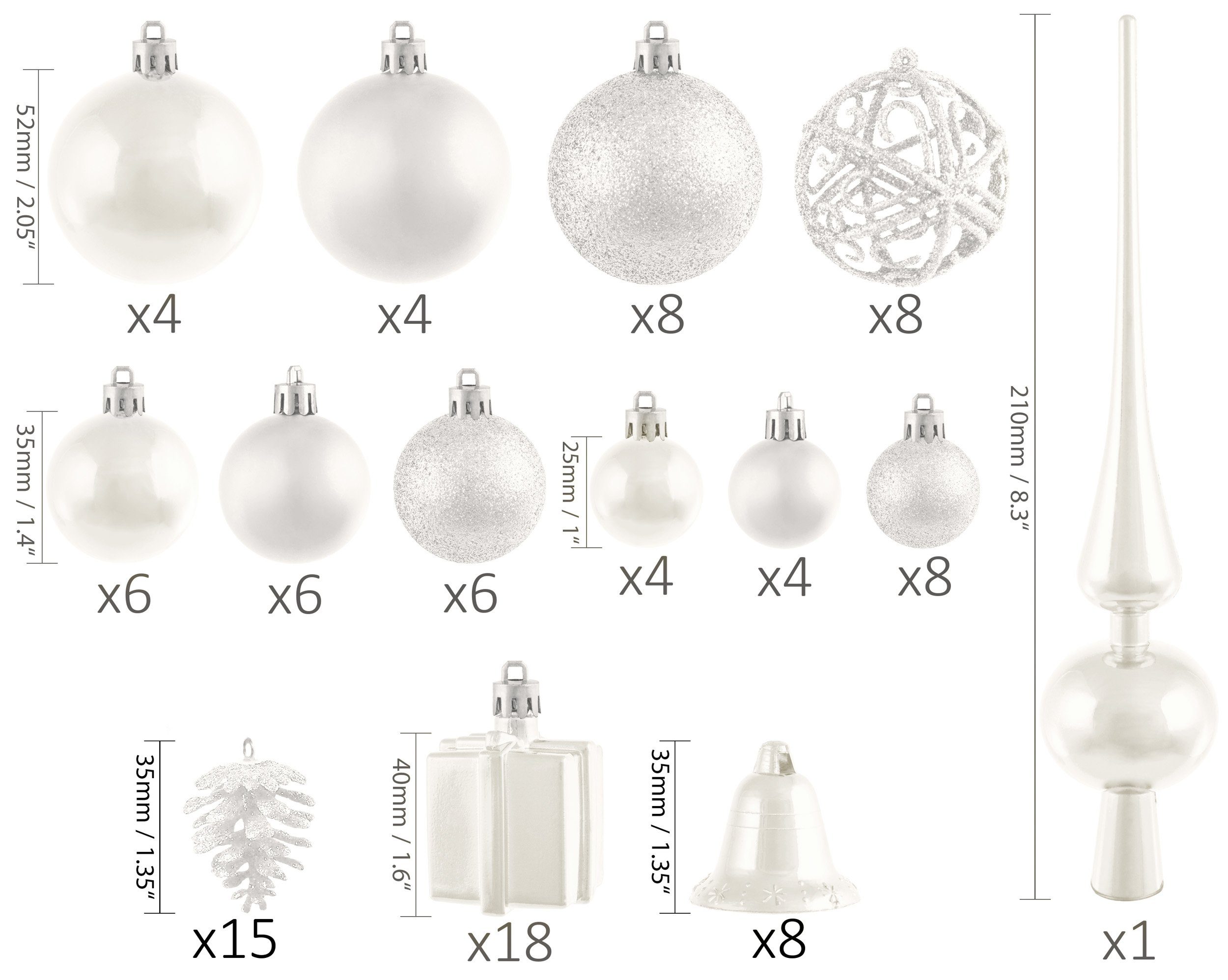Weihnachtsbaumkugel Weihnachtsdekoration Weiß Creme BRUBAKER und aus 101-teiliges edel Baumspitze, Weihnachtskugel-Set Christbaumschmuck mit robust Kunststoff,