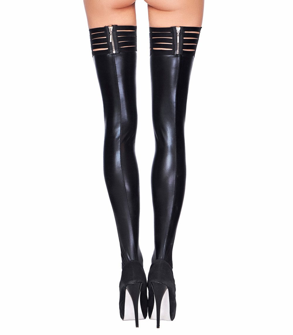 7Heaven Halterlose Strümpfe Halterlose schwarze wetlook Strümpfe mit Gummiband und Reißverschluss
