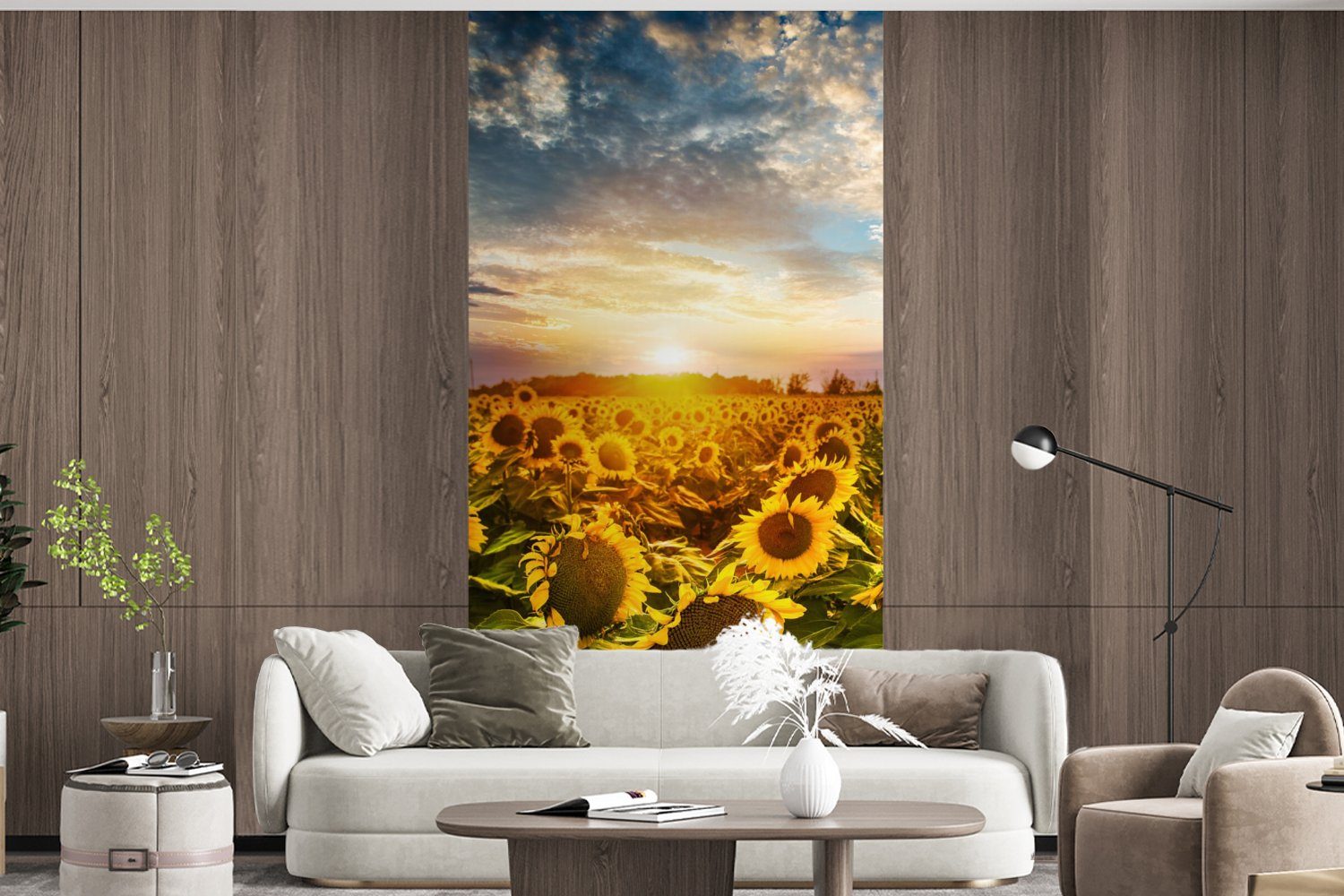 Fototapete (2 Küche, Matt, Schlafzimmer Wohnzimmer MuchoWow - Blumen Vliestapete bedruckt, Sonnenblume St), Himmel, Fototapete - für