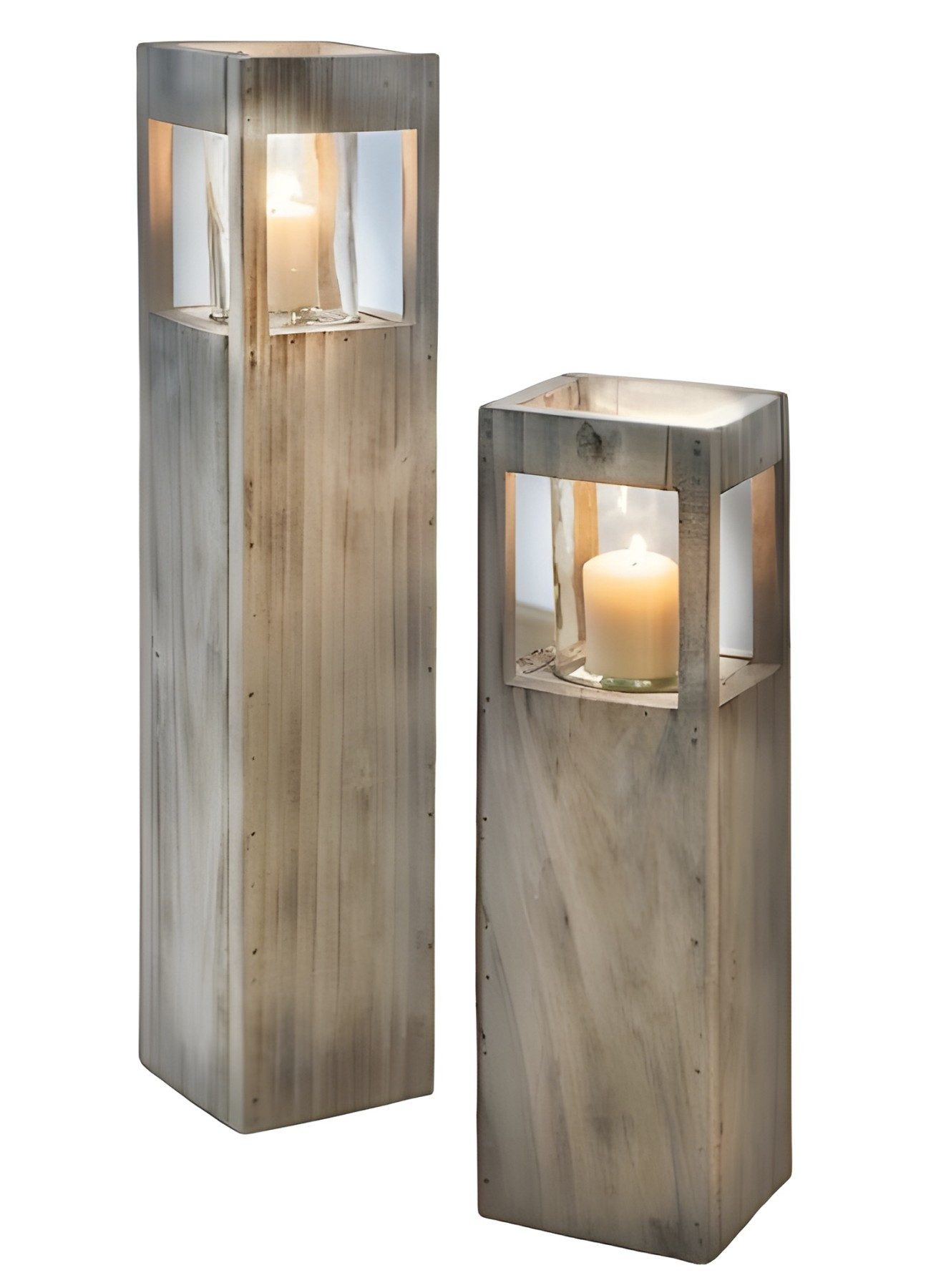 Bodenwindlicht Windlichtsäule "Shabby-Charme" aus Holz & Glas, Kerzenhalter