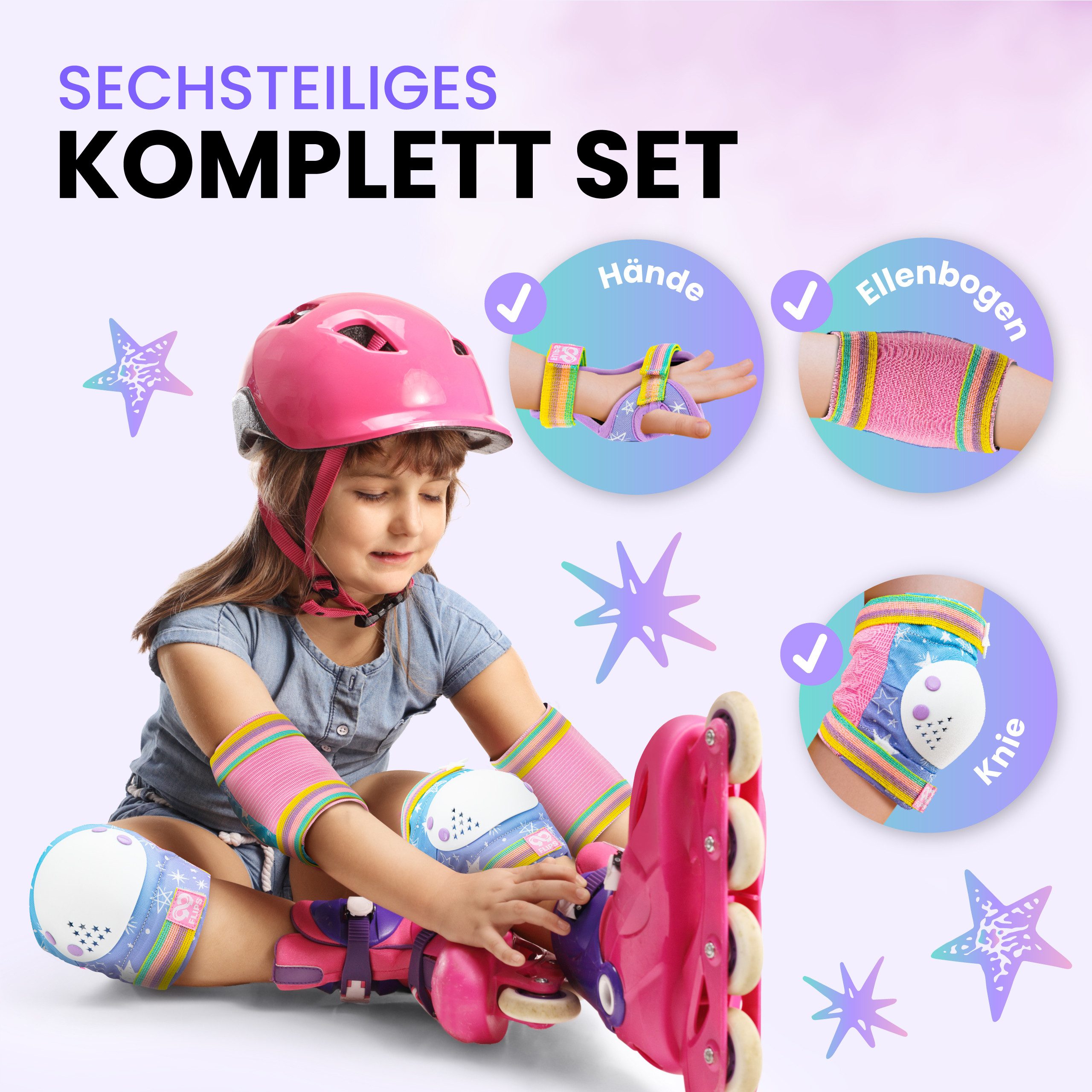 99FLIPS Protektoren-Set 3-12 Jahre - Einhorn Knieschoner Kinder Schlittschuh Schoner Set (Schützer Set Kinder für Skateboard Inline Skates Rollschuhe, 7-tlg., Knieschützer, Ellenbogen Schoner, Handschoner mit Einhorn Tasche), Schützer für kinder Mädchen Knieschützer Schutzausrüstung