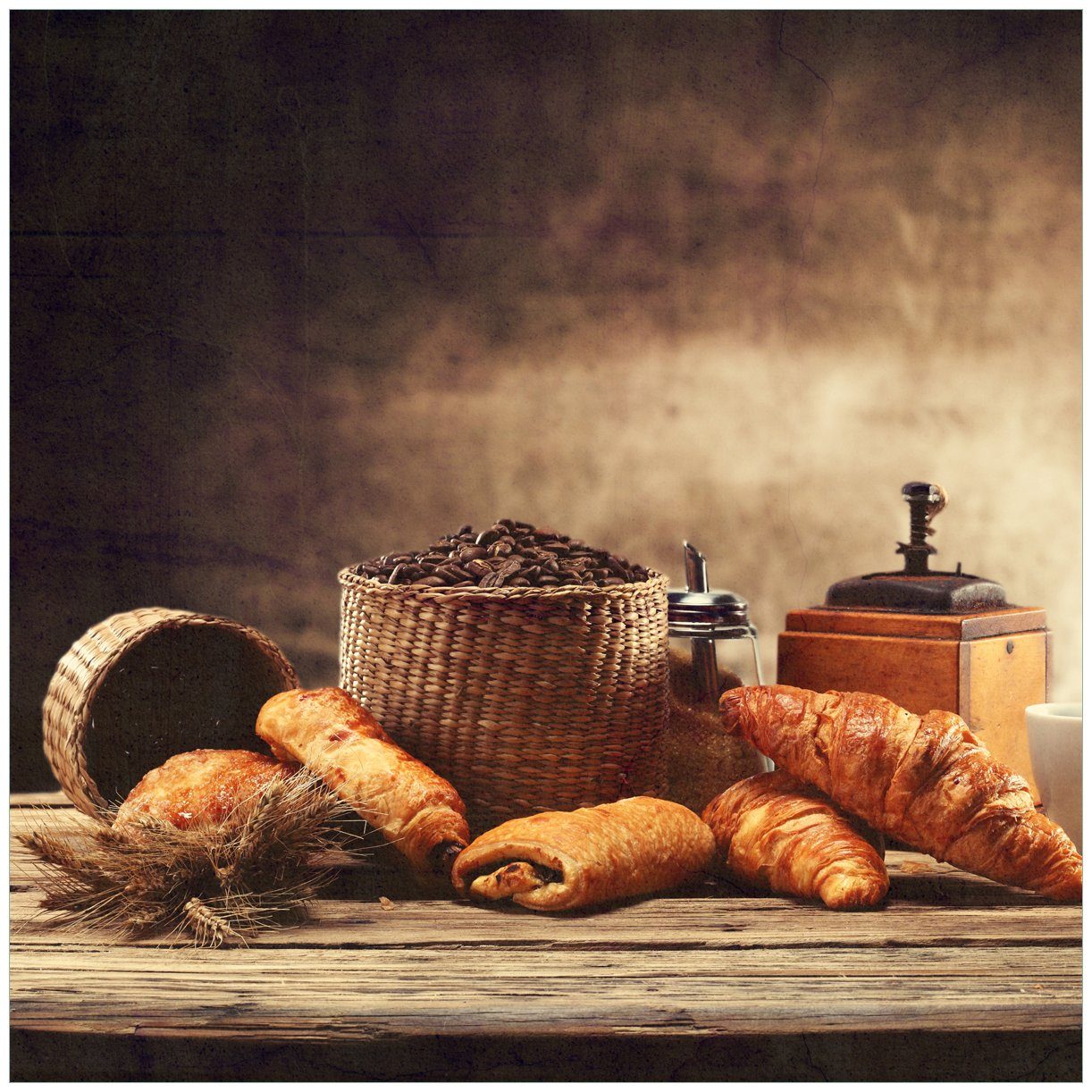 Wallario Tischplatte Französisches Lack Tisch geeignet Croissants Café für (1 Ikea St), mit Frühstück und