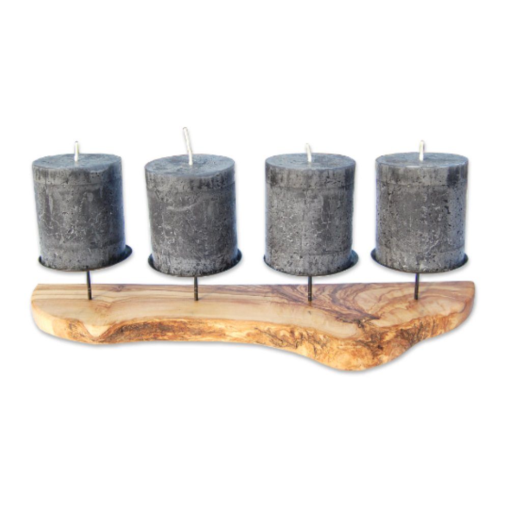 Olivenholz-erleben Kerzenständer ADVENT rustikal für 4 Kerzen, Olivenholz mit Metallteller als Halter (1 St), Sicherer Halt für Kerzen – rustikal und edel – Bild 4 von 5