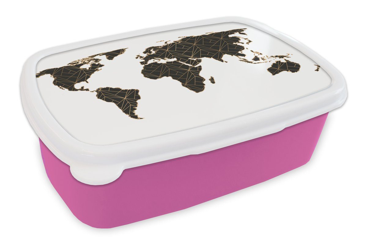 MuchoWow Lunchbox Weltkarte - Schwarz - Gold - Kinder - Jungen - Mädchen, Kunststoff, (2-tlg), Brotbox für Erwachsene, Brotdose Kinder, Snackbox, Mädchen, Kunststoff rosa