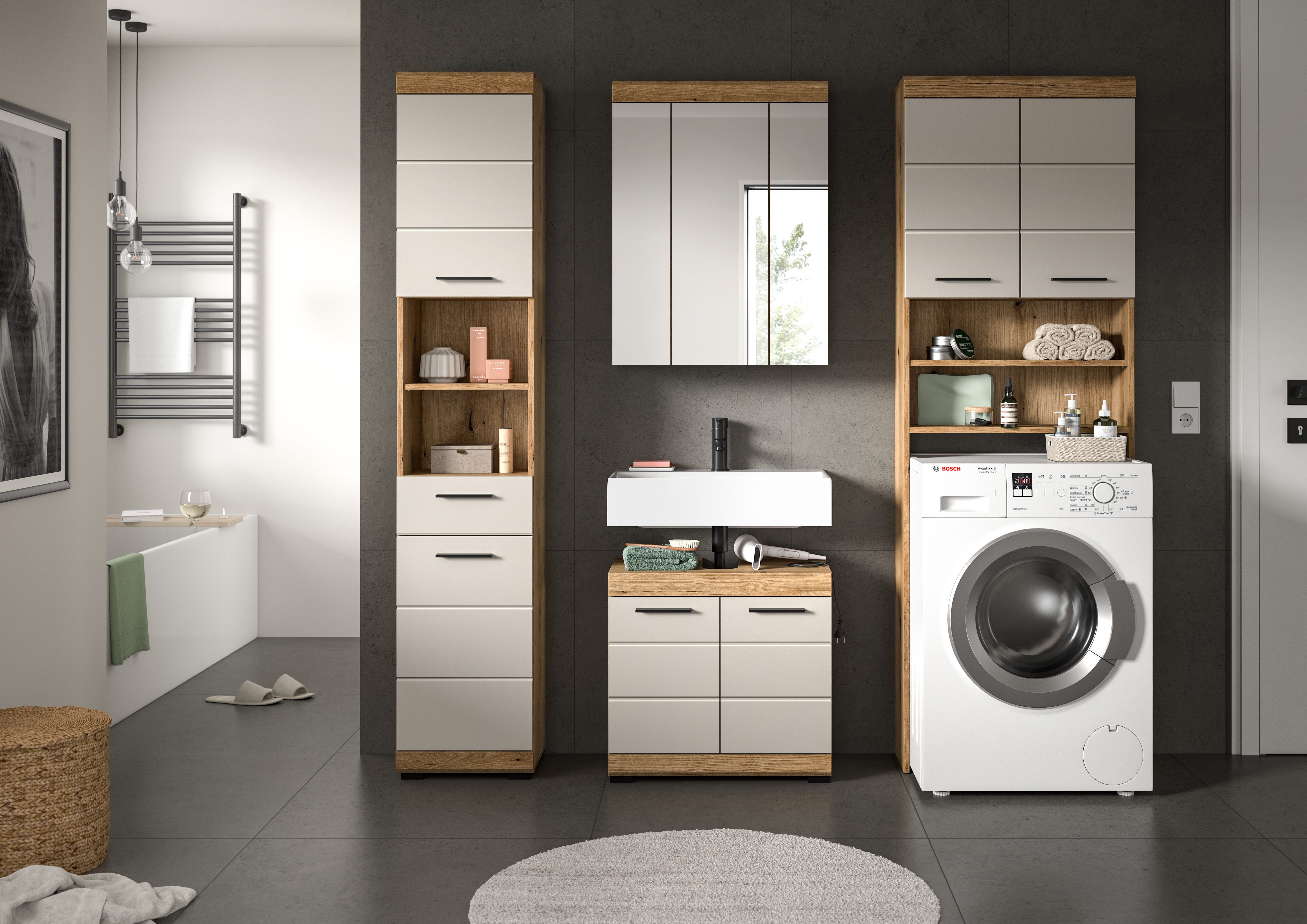 welltime Badmöbel-Set SIENA, 4 teilig, bestehend aus:, (Set, 4-St., TOPSELLER), Hochschrank, WBU, Spiegelschrank, Waschmaschinenumbauschrank