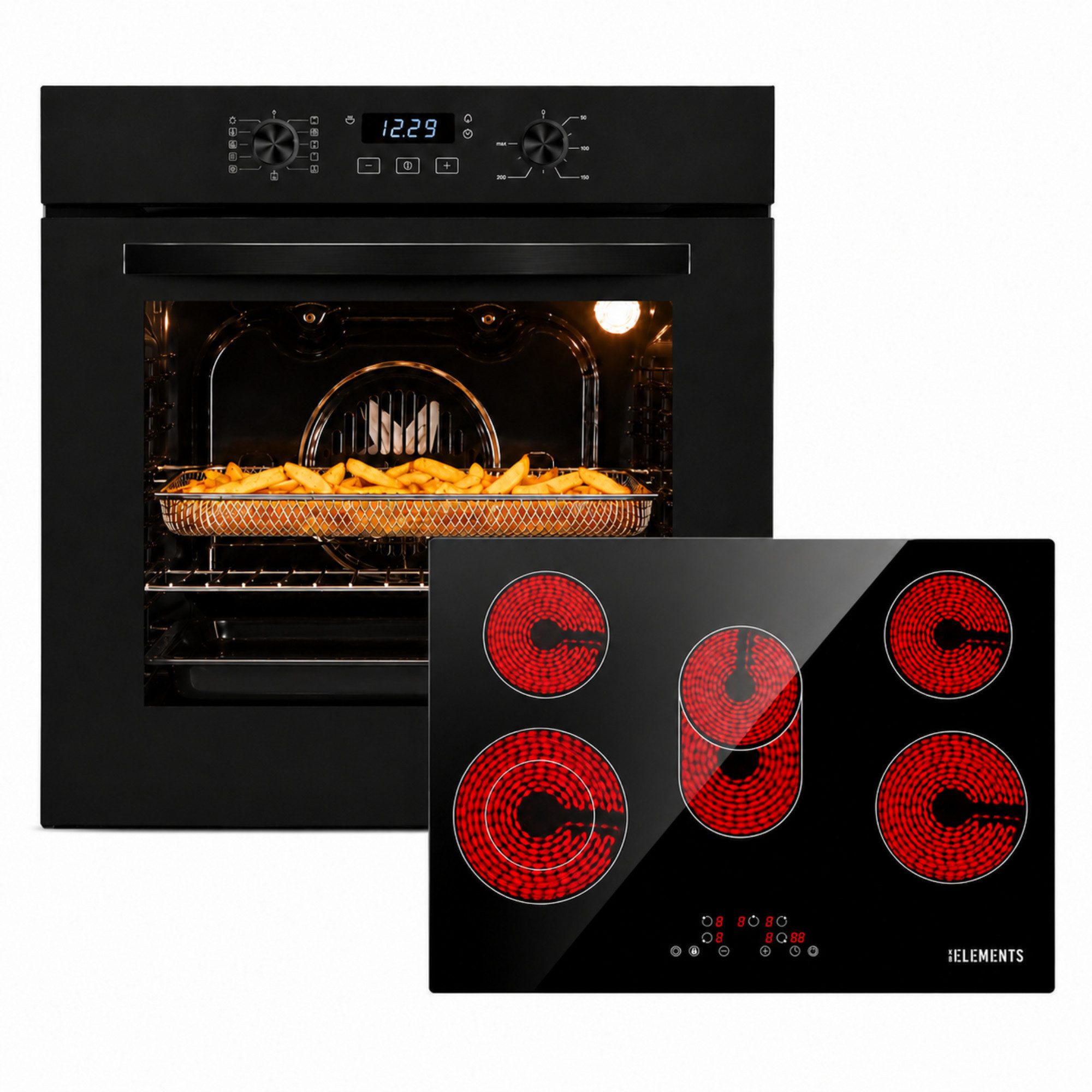 KB Elements Backofen-Set Einbaubackofen 60 cm mit 5-Zonen Glaskeramik Kochfeld 77 cm, Steam Clean, Air Fry, Steam Clean, Circle Fan Heater, 5 Kochzonen