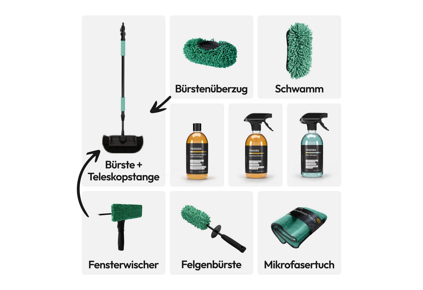 Thumbnail - TRAVORA Reinigungs-Set Premium Caravan- und Autoreinigungsset -7-teilig inkl. Teleskopbürste