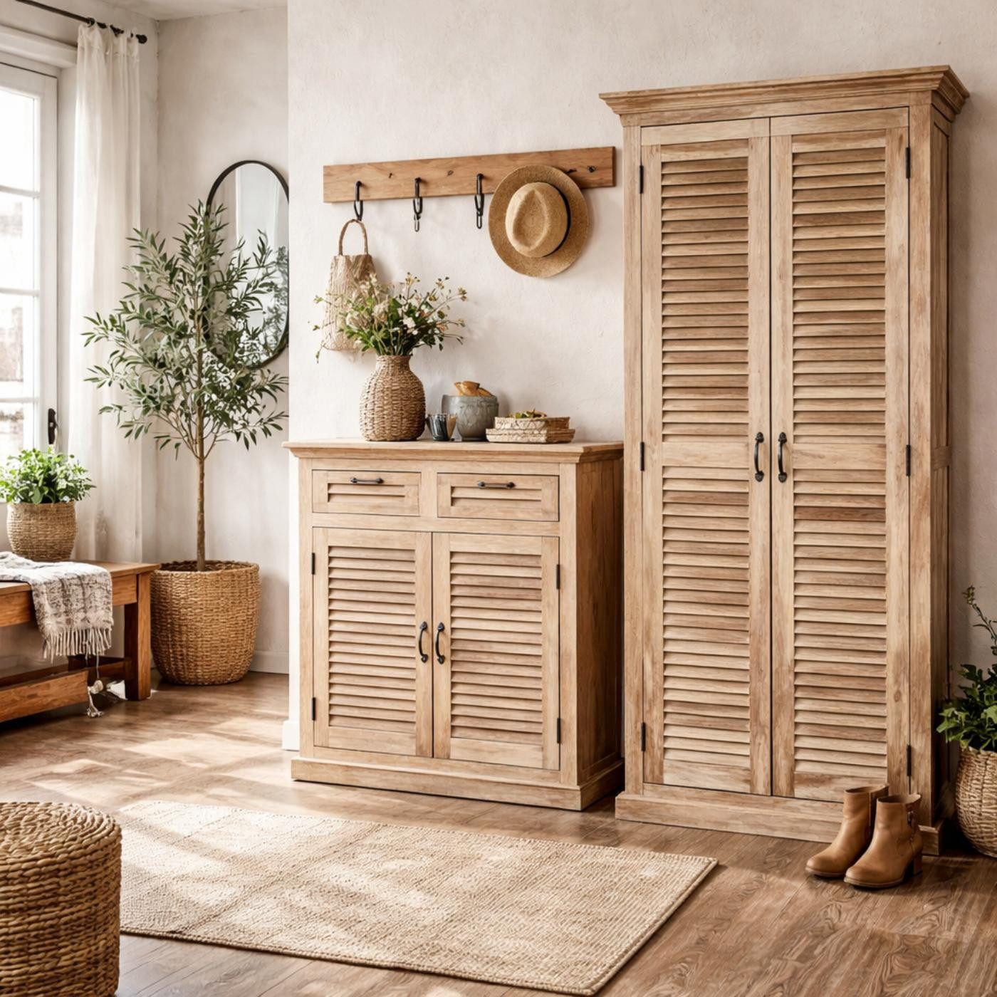 baario Highboard Highboard MAREDA Lamellen, massiv 90cm Lamellenschrank Dielenschrank