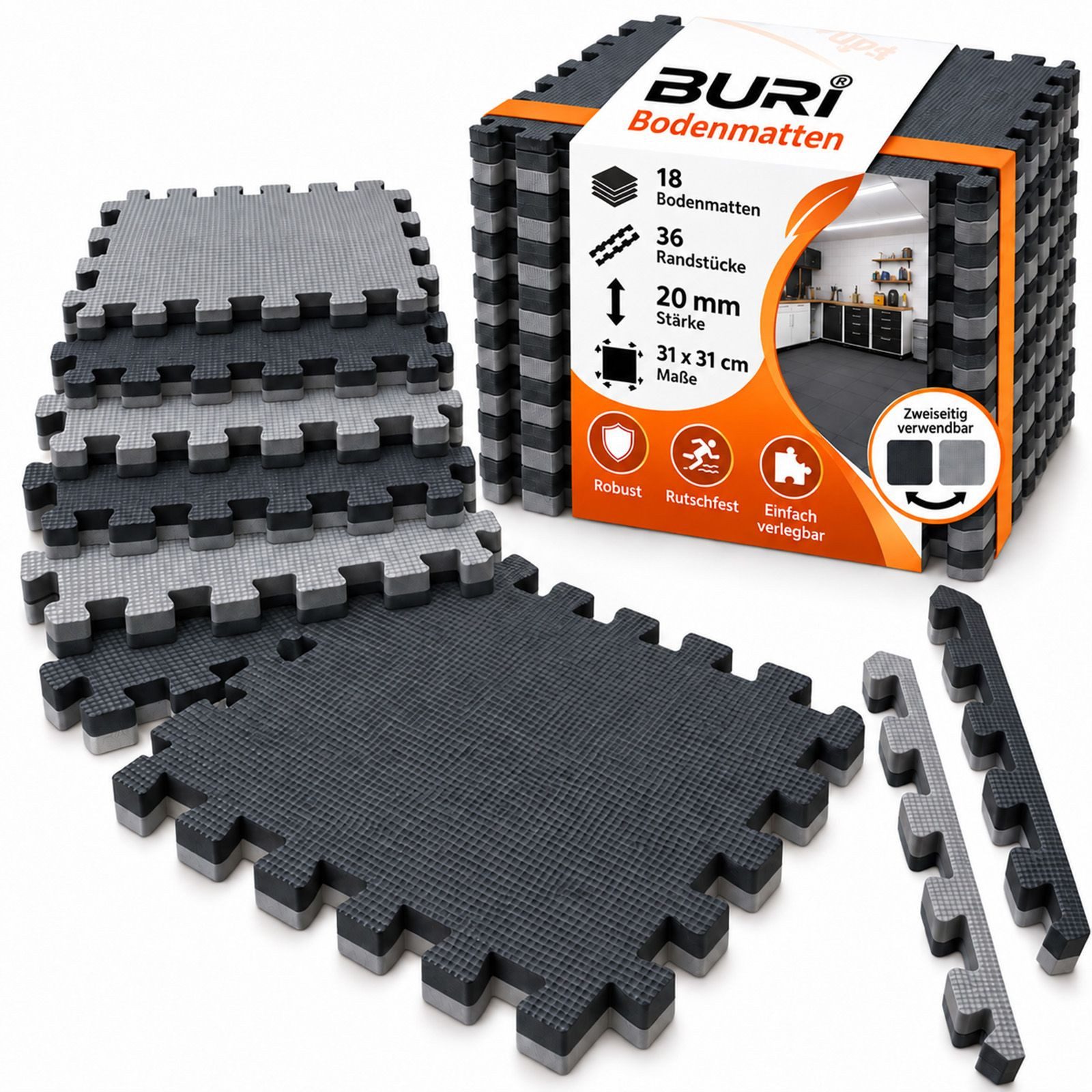 BURI Bodenschutzmatte Bodenschutzmatten 2cm Wendematte 18er Set Puzzlematten 31x12cm Fitness, 18-St. von BURI