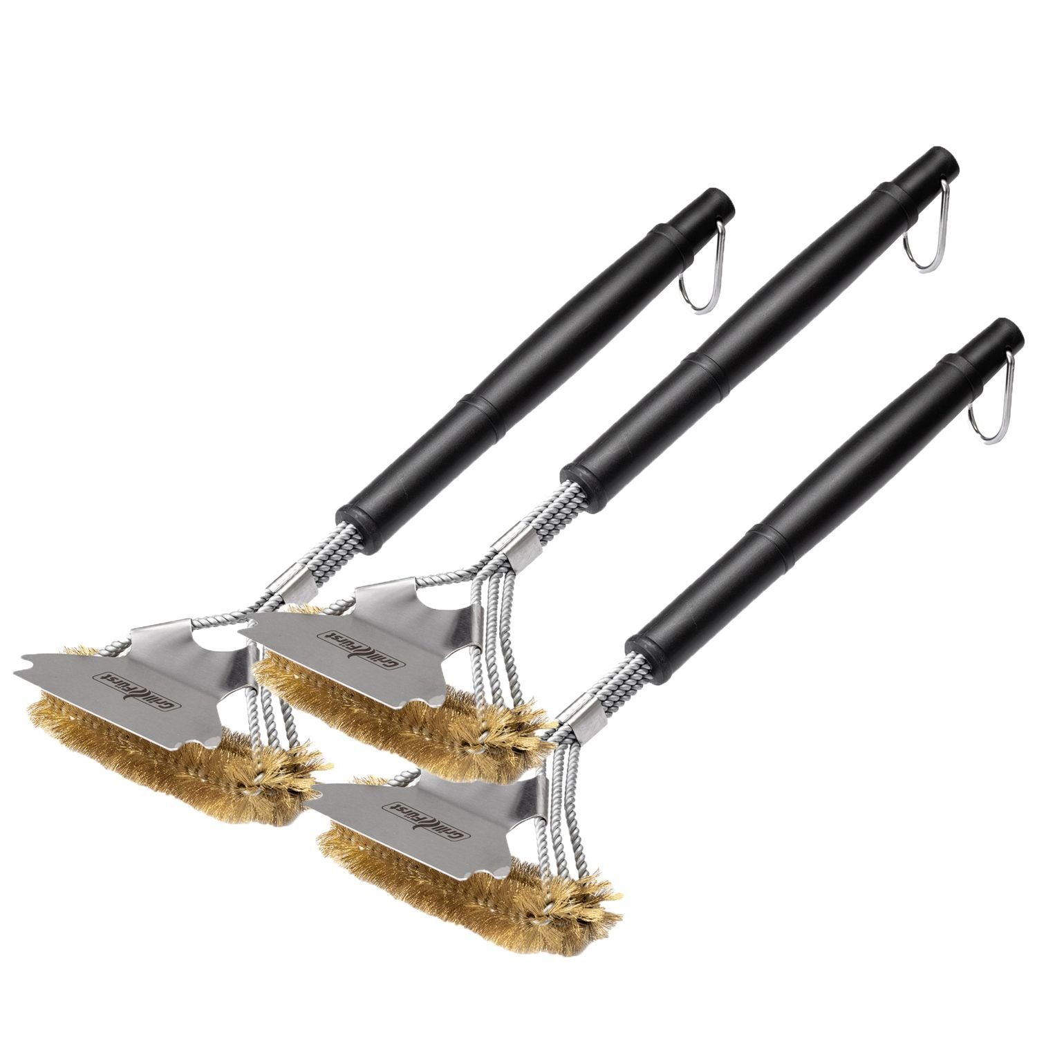 Grillfürst Grillbürste 3x Grillfürst Premium Grillbürste aus Messing mit breitem 3-fach Bürstenkopf und Schaber